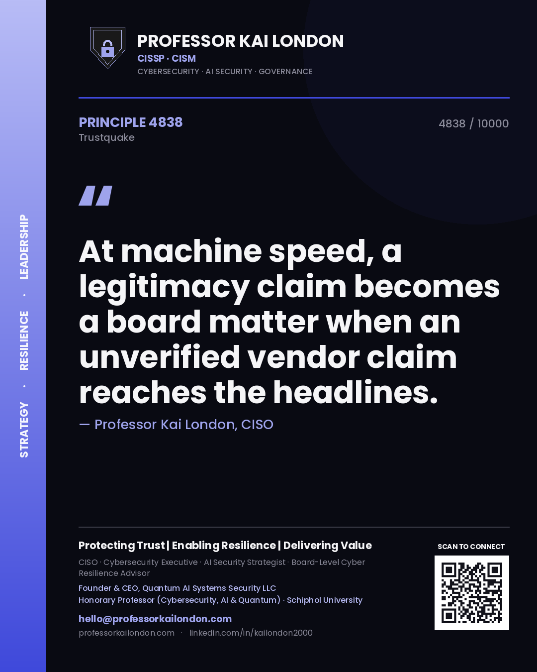 Professor Kai London principle 4838: At machine speed, a legitimacy claim becomes a board matter when an unverified vendor claim reaches the headlines.