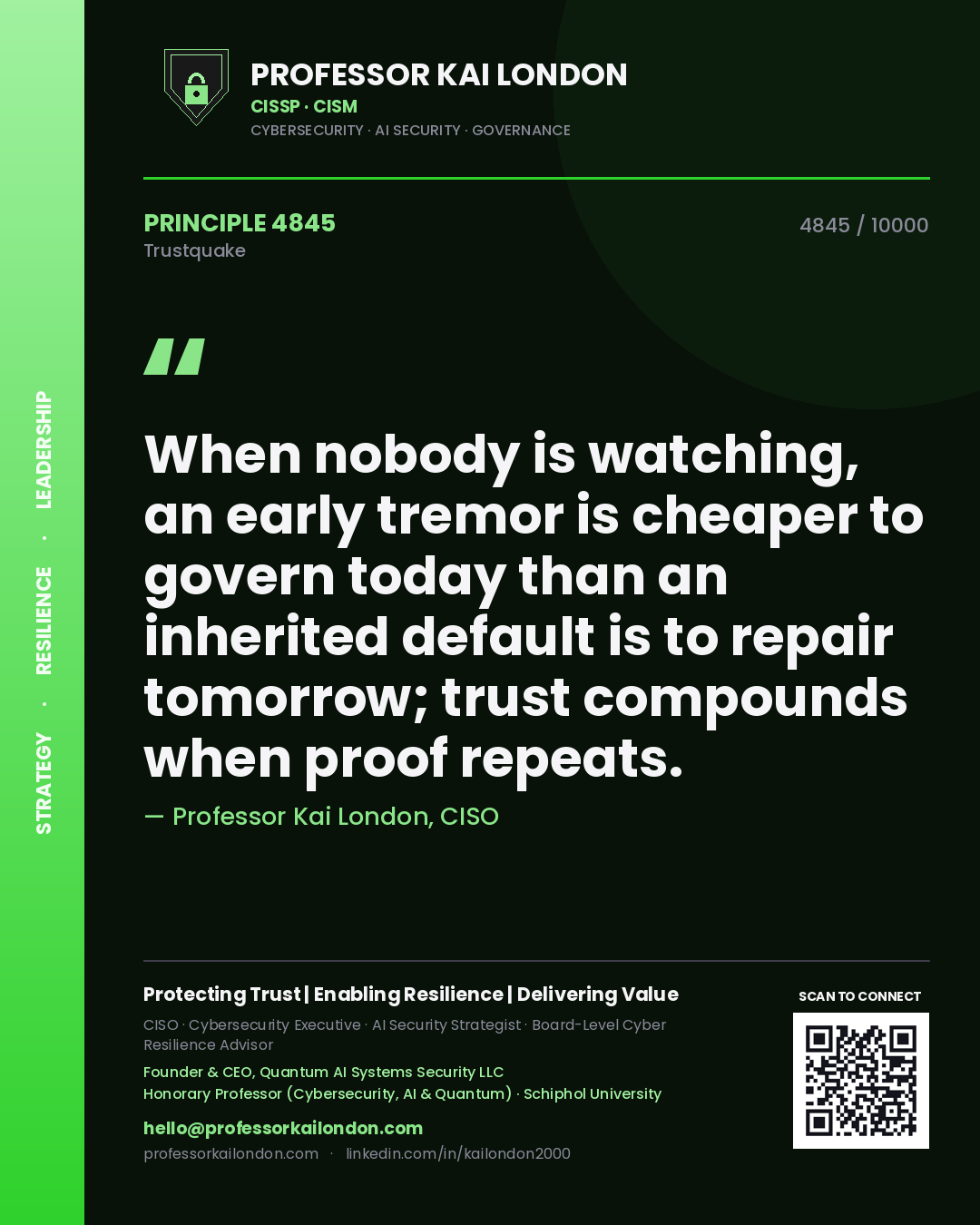 Quote card by Professor Kai London reading 'When nobody is watching, an early tremor is cheaper to govern today than an inherited default is to repair tomorrow; trust compounds when proof repeats.'. From the book Trustquake.