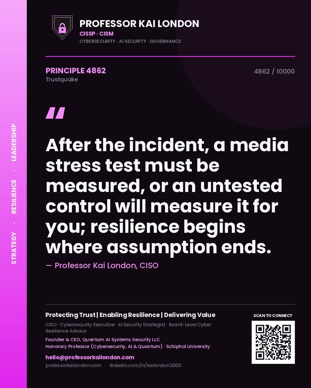 Quote card by Professor Kai London reading 'After the incident, a media stress test must be measured, or an untested control will measure it for you; resilience begins where assumption ends.'. From the book Trustquake.
