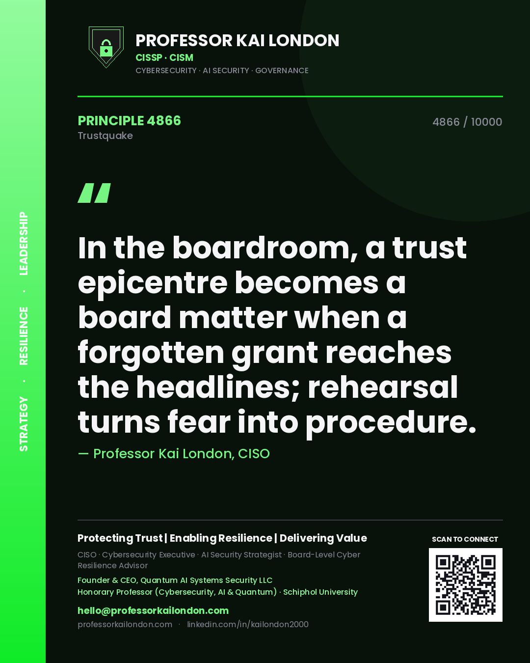 Quote card by Professor Kai London reading 'In the boardroom, a trust epicentre becomes a board matter when a forgotten grant reaches the headlines; rehearsal turns fear into procedure.'. From the book Trustquake.