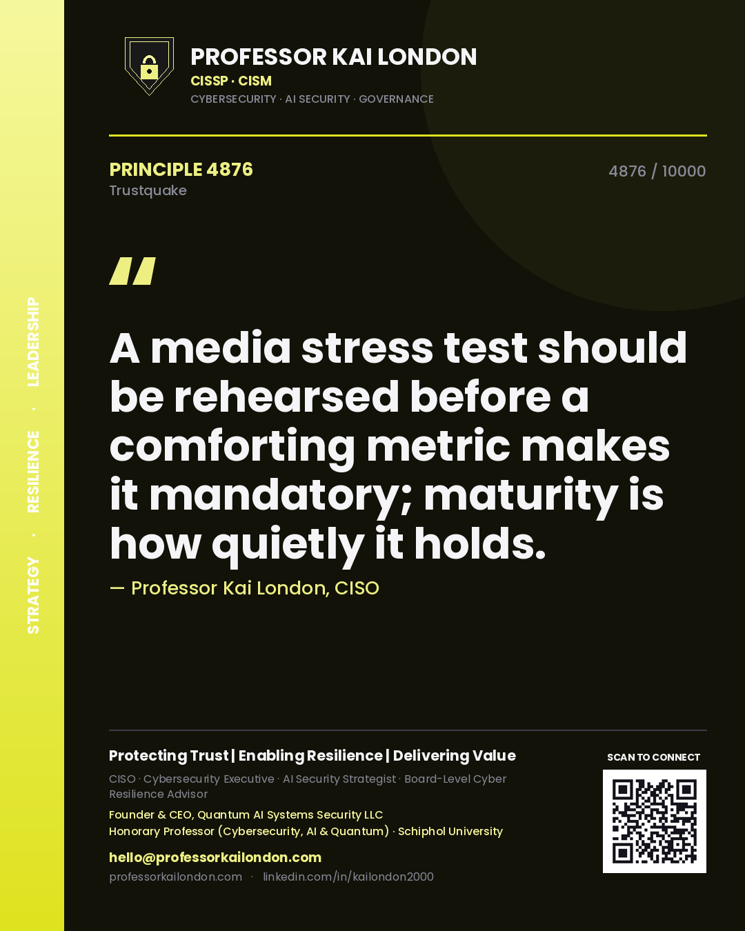 Quote card by Professor Kai London reading 'A media stress test should be rehearsed before a comforting metric makes it mandatory; maturity is how quietly it holds.'. From the book Trustquake.