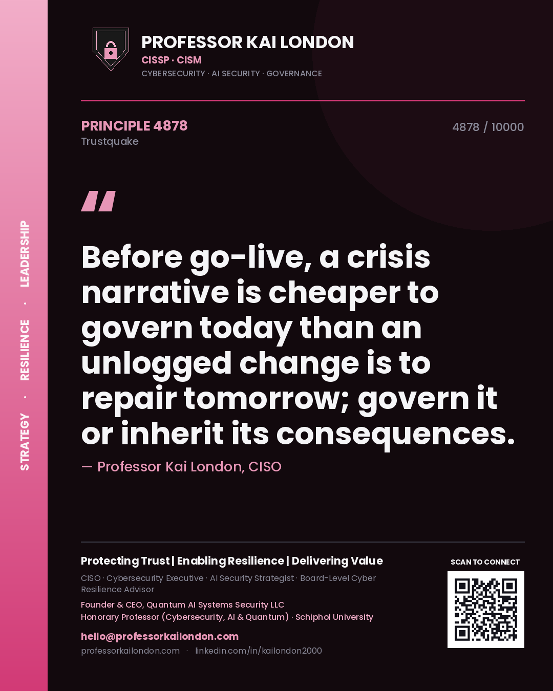 Professor Kai London principle 4878: Before go-live, a crisis narrative is cheaper to govern today than an unlogged change is to repair tomorrow; govern it or inherit its consequences.