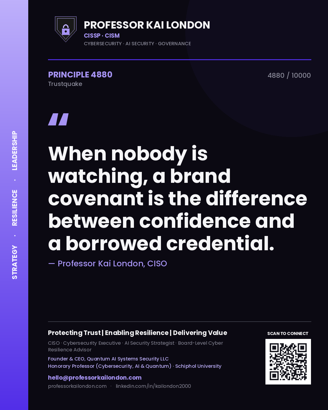 Professor Kai London principle 4880: When nobody is watching, a brand covenant is the difference between confidence and a borrowed credential.