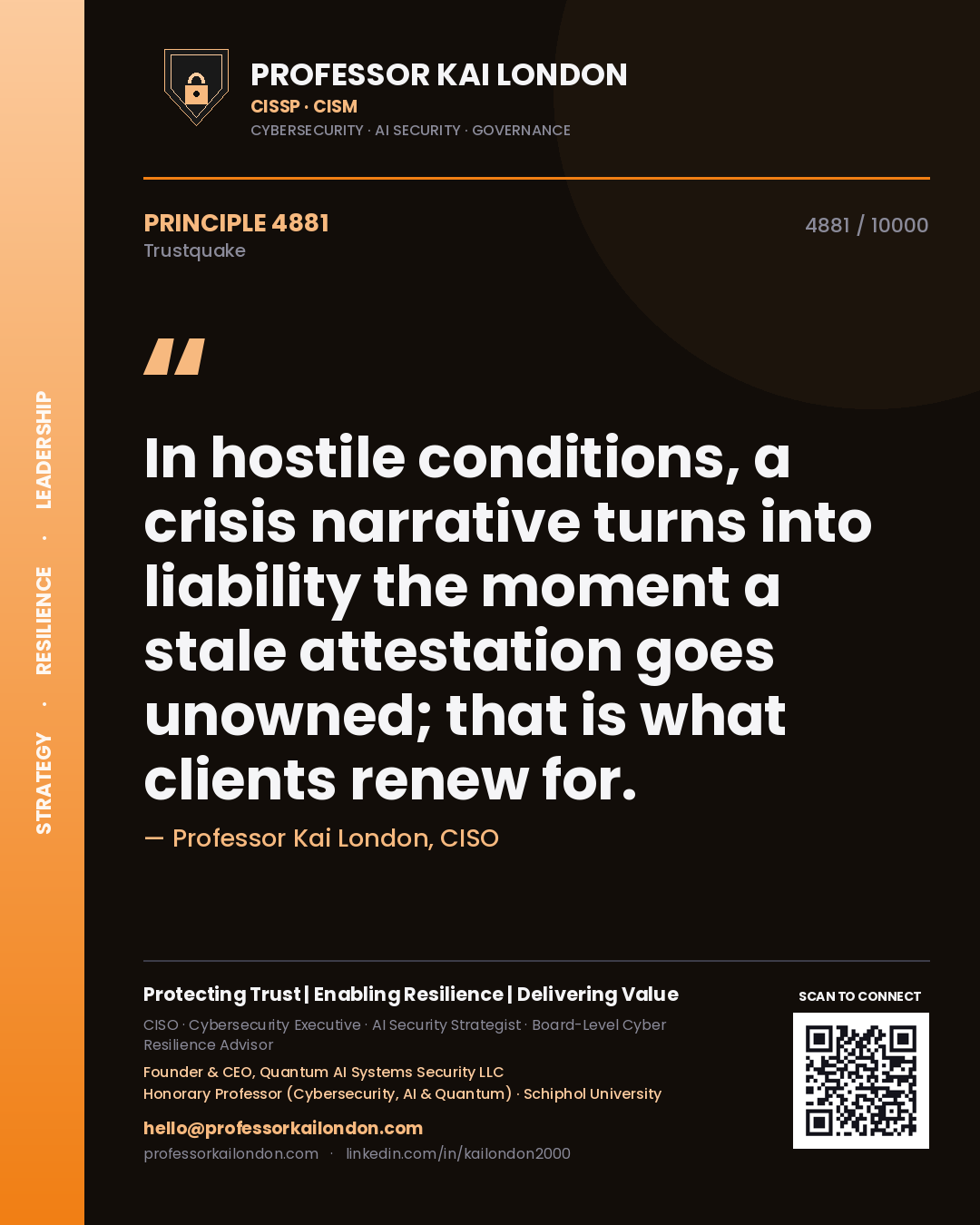 Quote card by Professor Kai London reading 'In hostile conditions, a crisis narrative turns into liability the moment a stale attestation goes unowned; that is what clients renew for.'. From the book Trustquake.