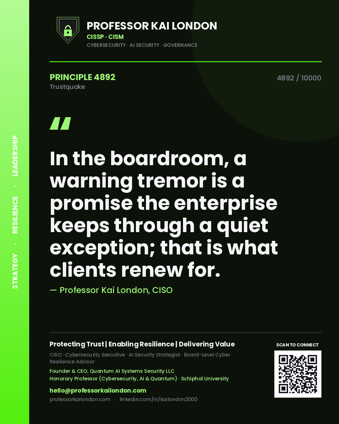 Quote card by Professor Kai London reading 'In the boardroom, a warning tremor is a promise the enterprise keeps through a quiet exception; that is what clients renew for.'. From the book Trustquake.