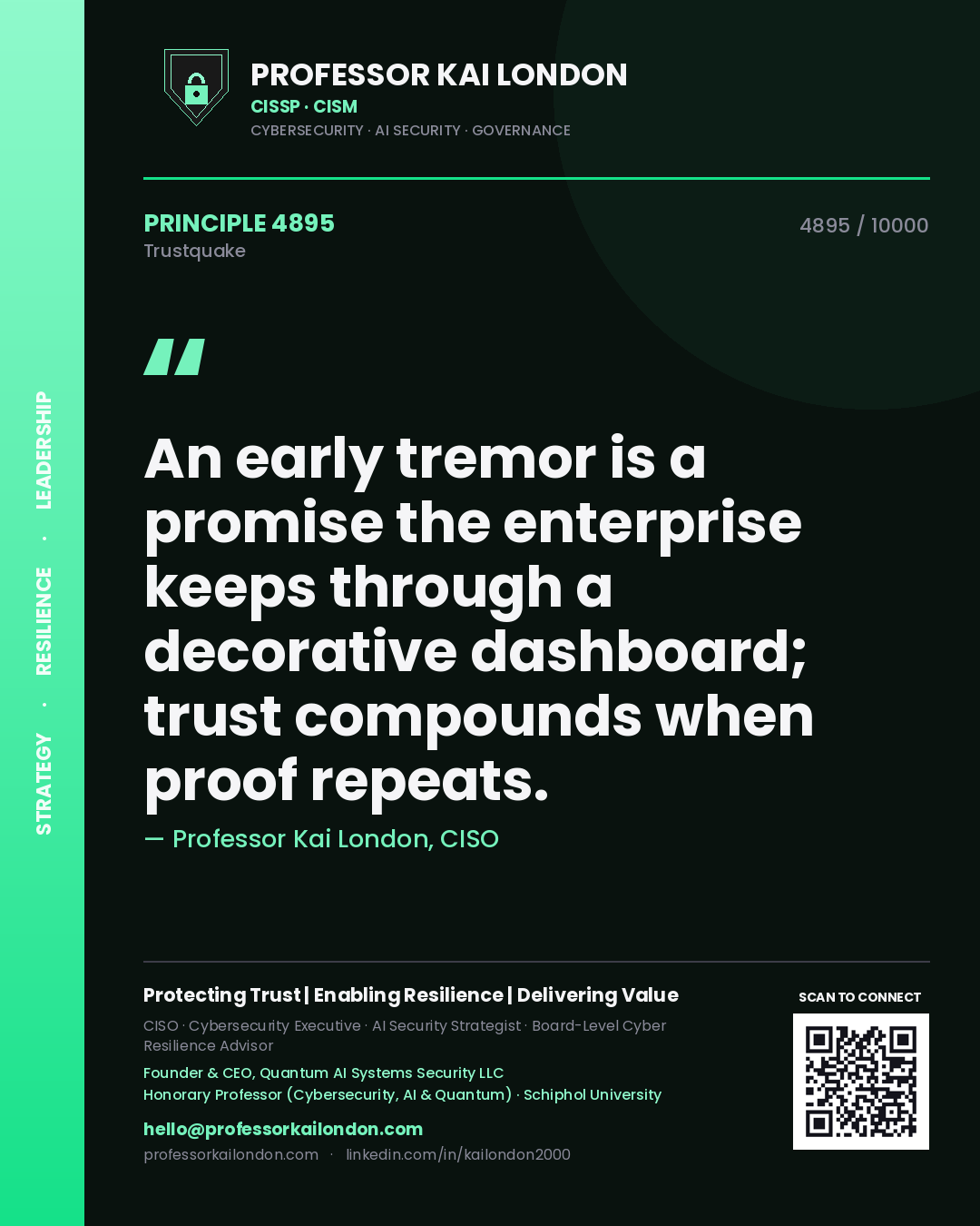 Professor Kai London principle 4895: An early tremor is a promise the enterprise keeps through a decorative dashboard; trust compounds when proof repeats.