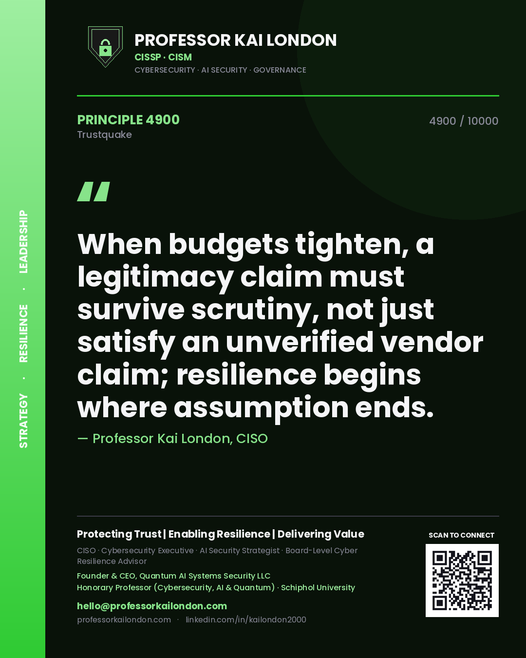 Quote card by Professor Kai London reading 'When budgets tighten, a legitimacy claim must survive scrutiny, not just satisfy an unverified vendor claim; resilience begins where assumption ends.'. From the book Trustquake.