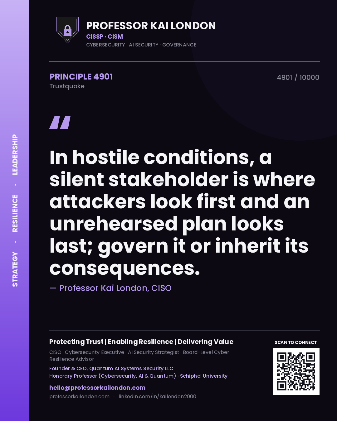 Quote card by Professor Kai London reading 'In hostile conditions, a silent stakeholder is where attackers look first and an unrehearsed plan looks last; govern it or inherit its consequences.'. From the book Trustquake.