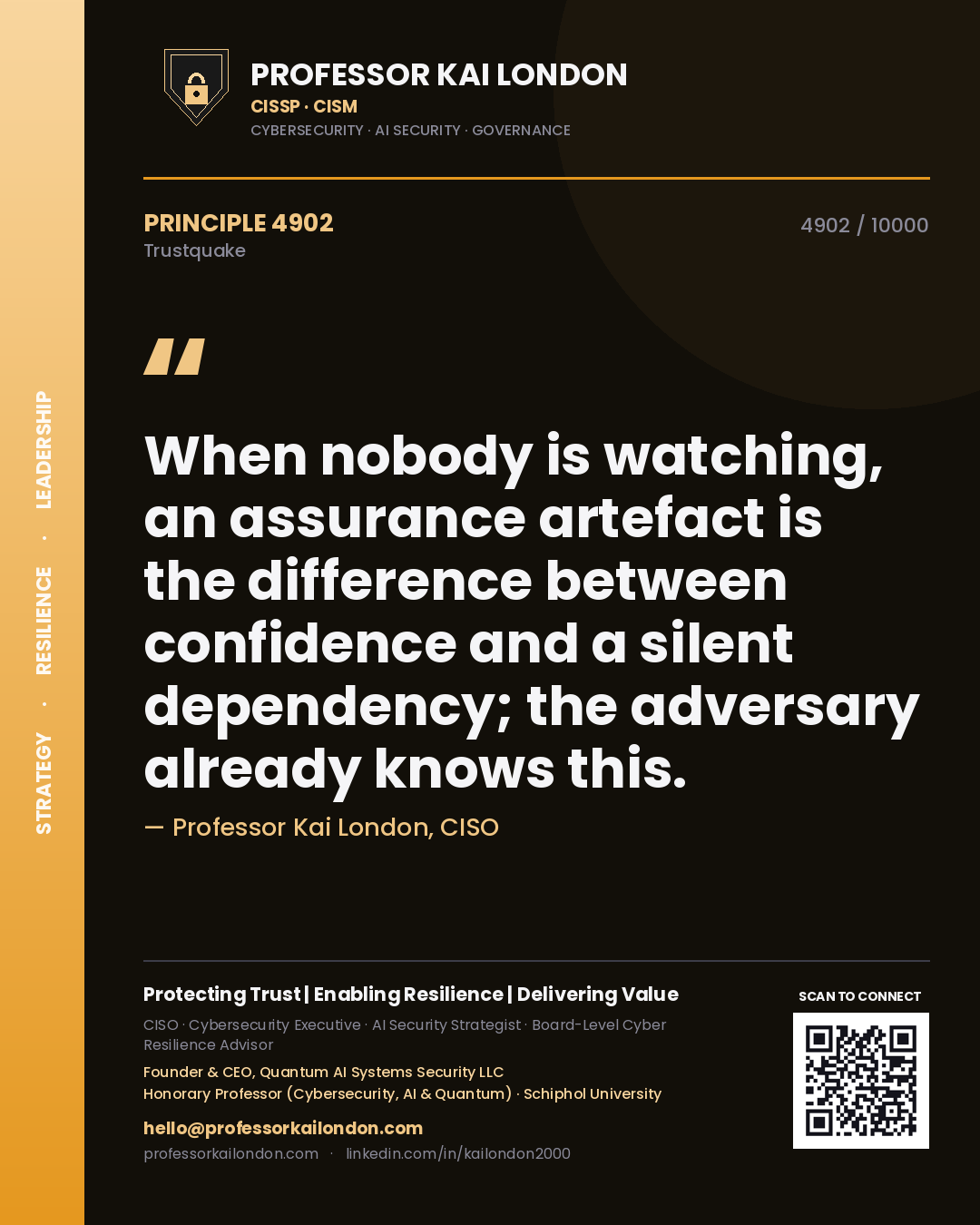 Quote card by Professor Kai London reading 'When nobody is watching, an assurance artefact is the difference between confidence and a silent dependency; the adversary already knows this.'. From the book Trustquake.