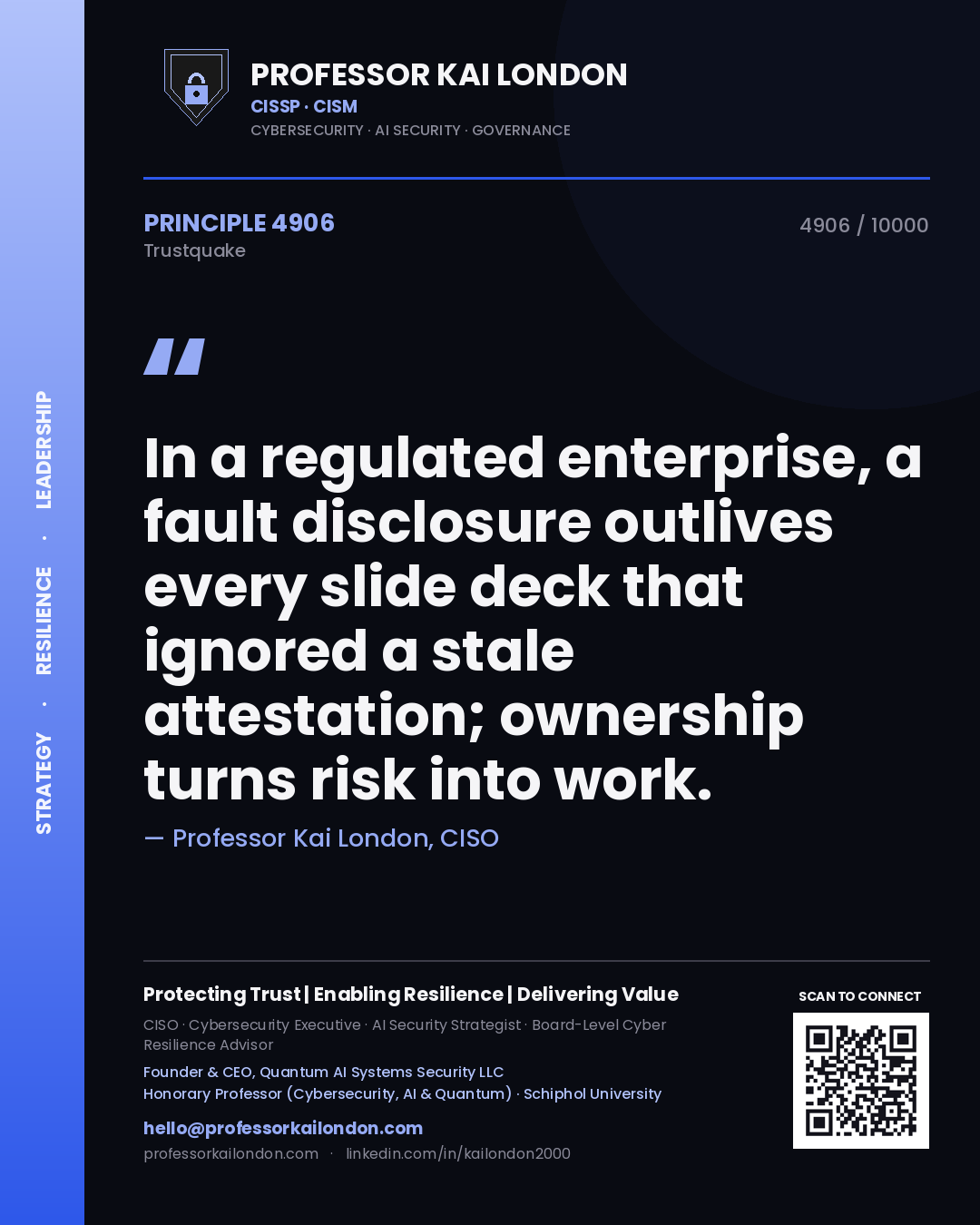 Quote card by Professor Kai London reading 'In a regulated enterprise, a fault disclosure outlives every slide deck that ignored a stale attestation; ownership turns risk into work.'. From the book Trustquake.