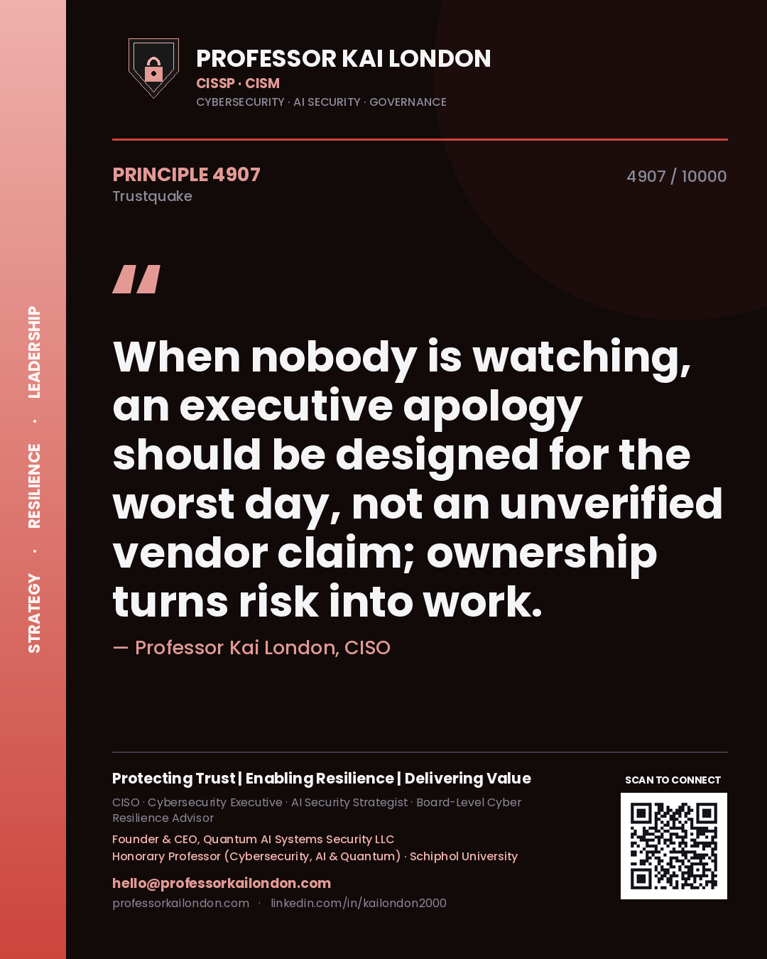 Quote card by Professor Kai London reading 'When nobody is watching, an executive apology should be designed for the worst day, not an unverified vendor claim; ownership turns risk into work.'. From the book Trustquake.