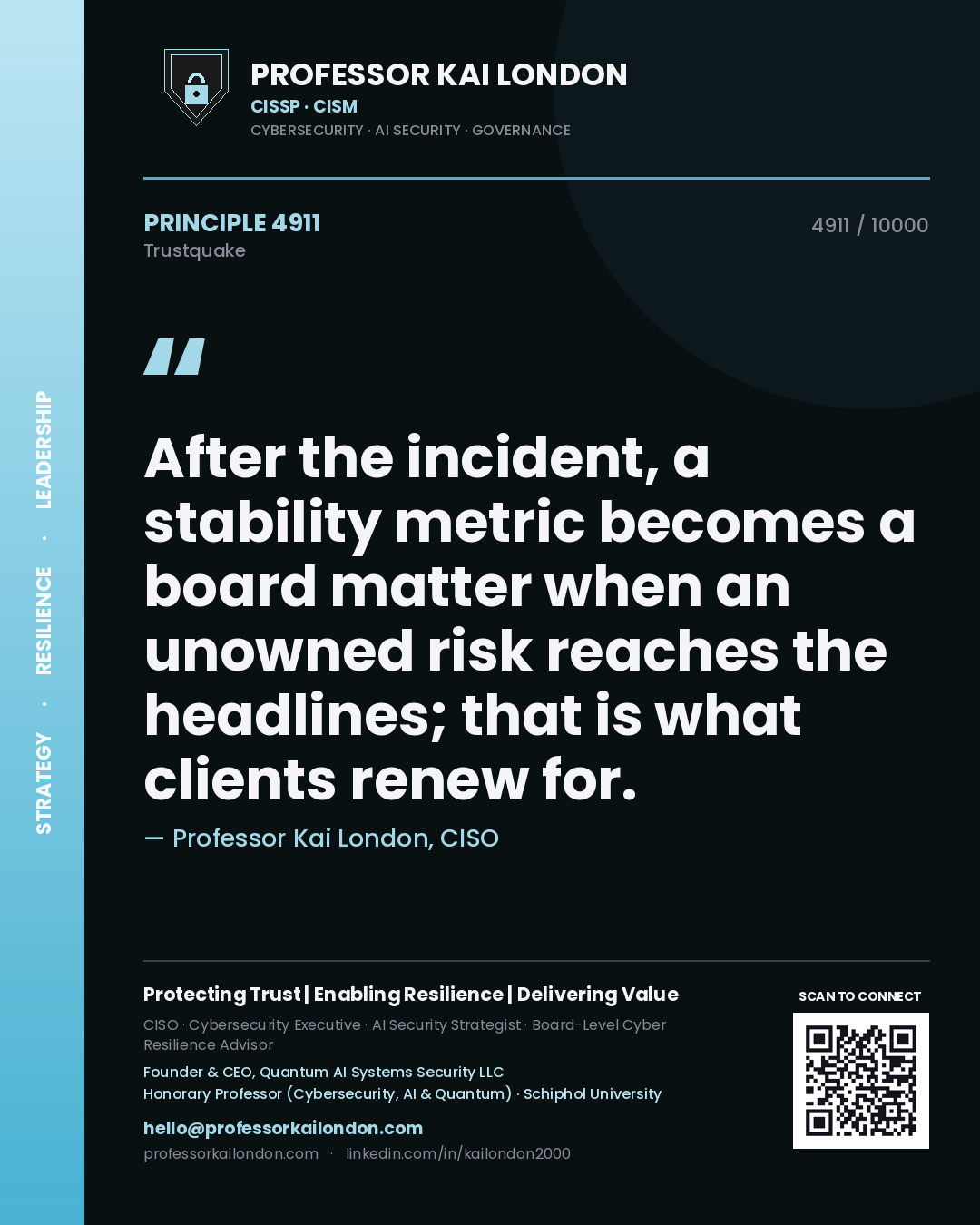 Quote card by Professor Kai London reading 'After the incident, a stability metric becomes a board matter when an unowned risk reaches the headlines; that is what clients renew for.'. From the book Trustquake.