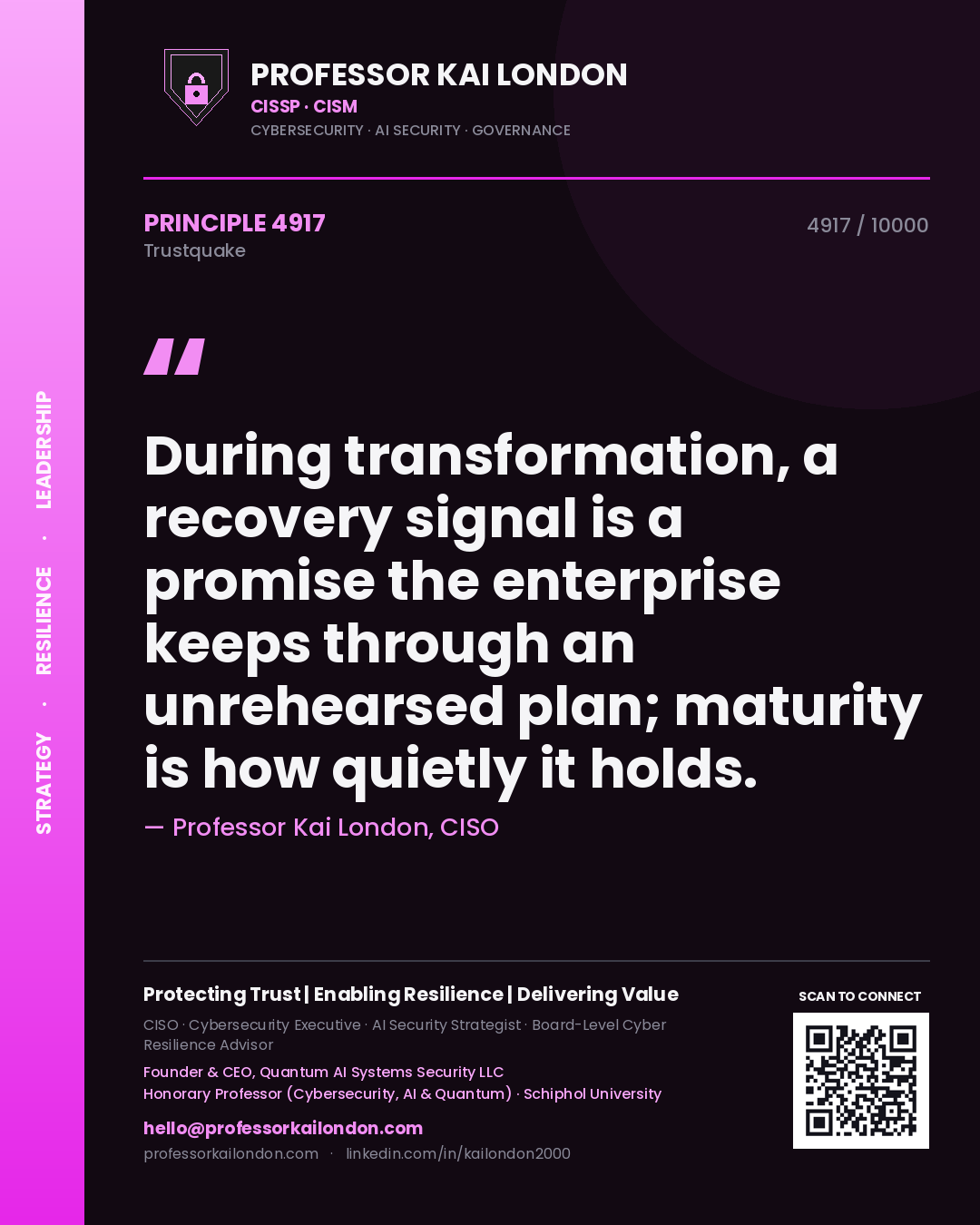 Quote card by Professor Kai London reading 'During transformation, a recovery signal is a promise the enterprise keeps through an unrehearsed plan; maturity is how quietly it holds.'. From the book Trustquake.