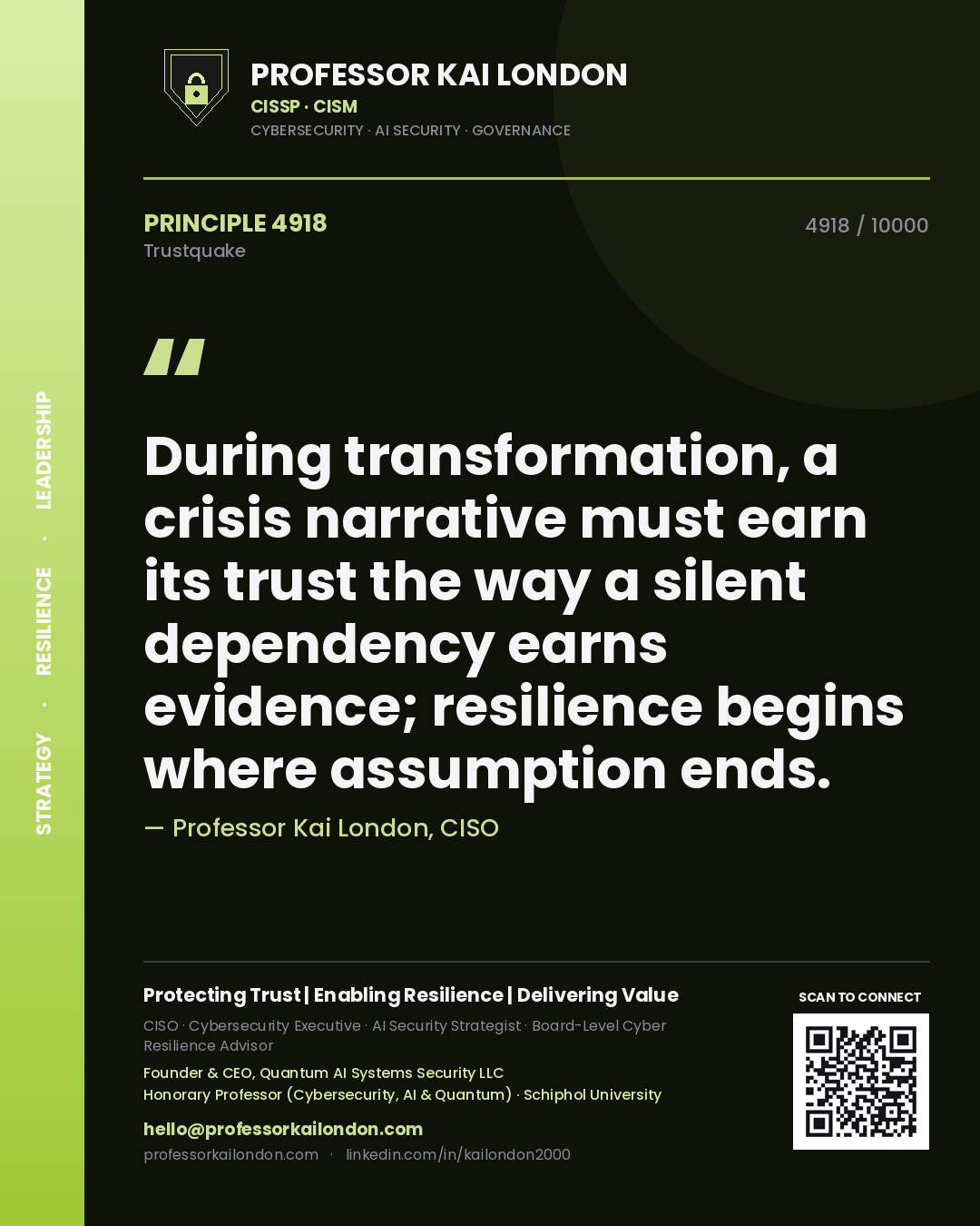 Quote card by Professor Kai London reading 'During transformation, a crisis narrative must earn its trust the way a silent dependency earns evidence; resilience begins where assumption ends.'. From the book Trustquake.