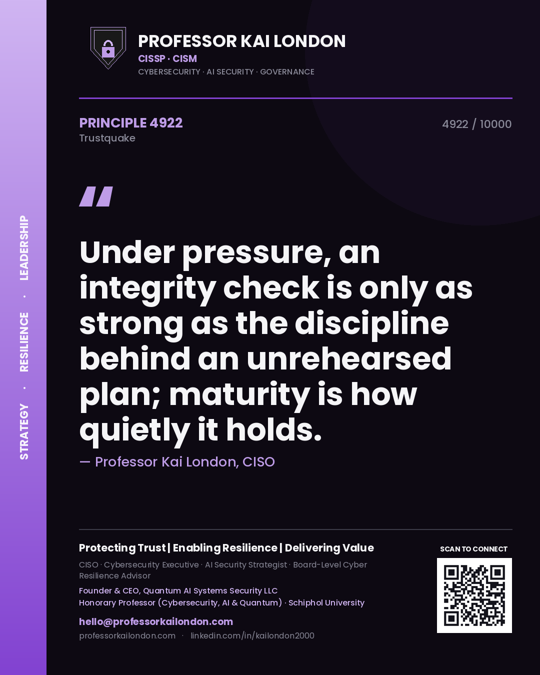 Quote card by Professor Kai London reading 'Under pressure, an integrity check is only as strong as the discipline behind an unrehearsed plan; maturity is how quietly it holds.'. From the book Trustquake.