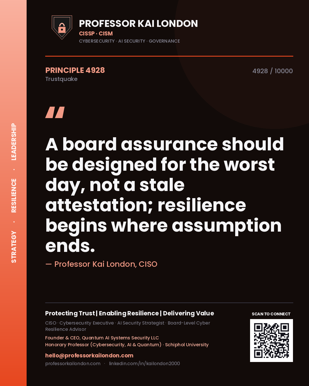 Quote card by Professor Kai London reading 'A board assurance should be designed for the worst day, not a stale attestation; resilience begins where assumption ends.'. From the book Trustquake.
