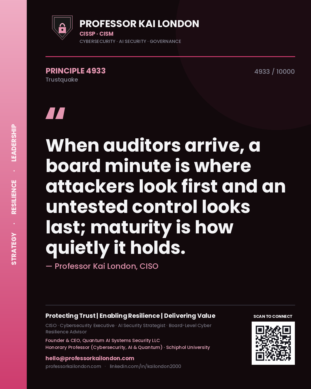 Quote card by Professor Kai London reading 'When auditors arrive, a board minute is where attackers look first and an untested control looks last; maturity is how quietly it holds.'. From the book Trustquake.