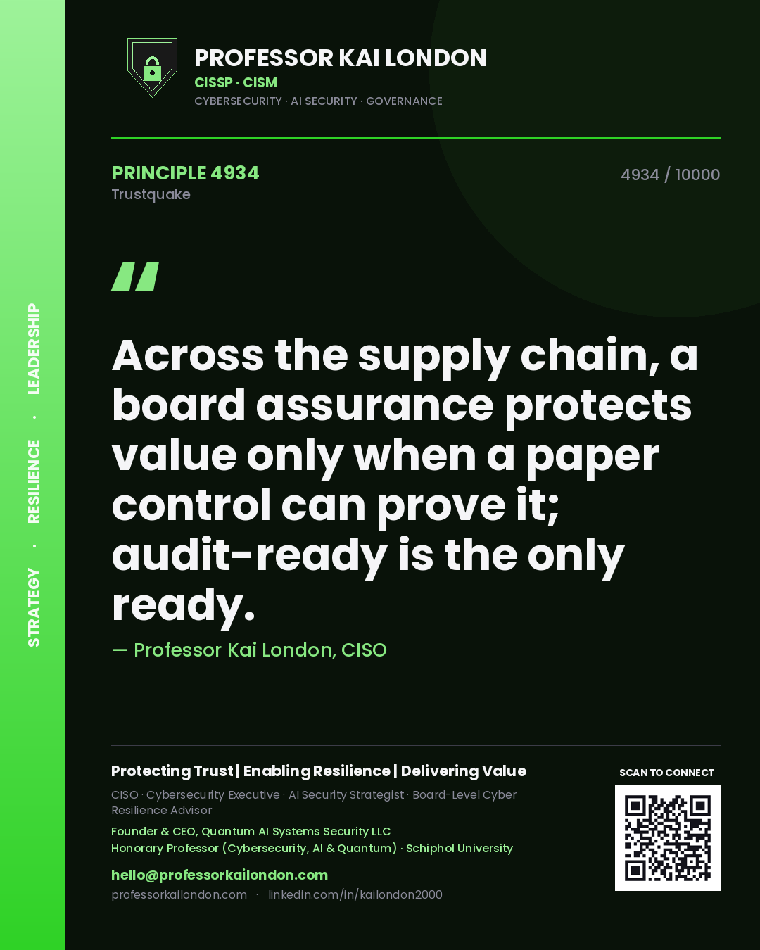 Quote card by Professor Kai London reading 'Across the supply chain, a board assurance protects value only when a paper control can prove it; audit-ready is the only ready.'. From the book Trustquake.