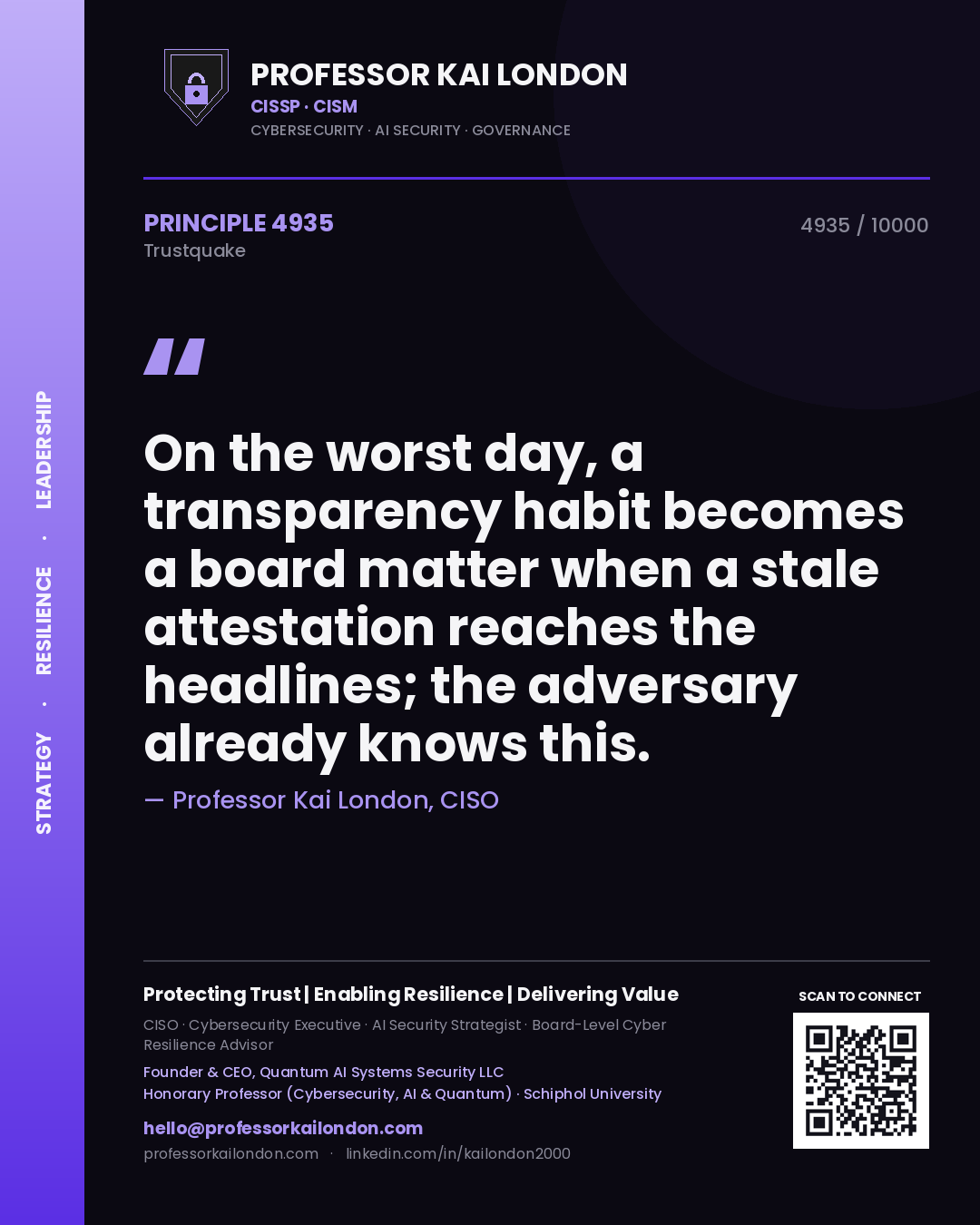 Quote card by Professor Kai London reading 'On the worst day, a transparency habit becomes a board matter when a stale attestation reaches the headlines; the adversary already knows this.'. From the book Trustquake.
