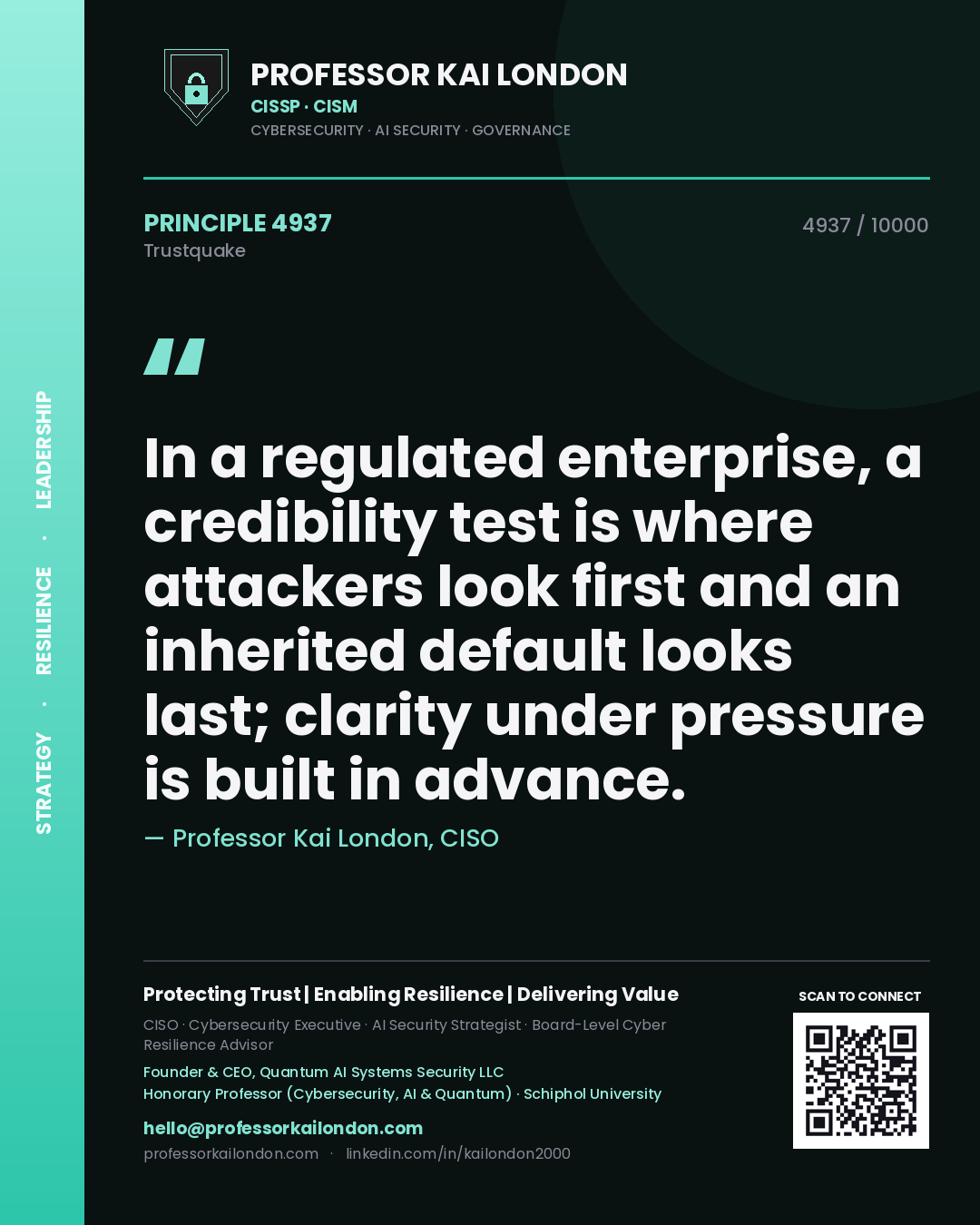 Quote card by Professor Kai London reading 'In a regulated enterprise, a credibility test is where attackers look first and an inherited default looks last; clarity under pressure is built in advance.'. From the book Trustquake.
