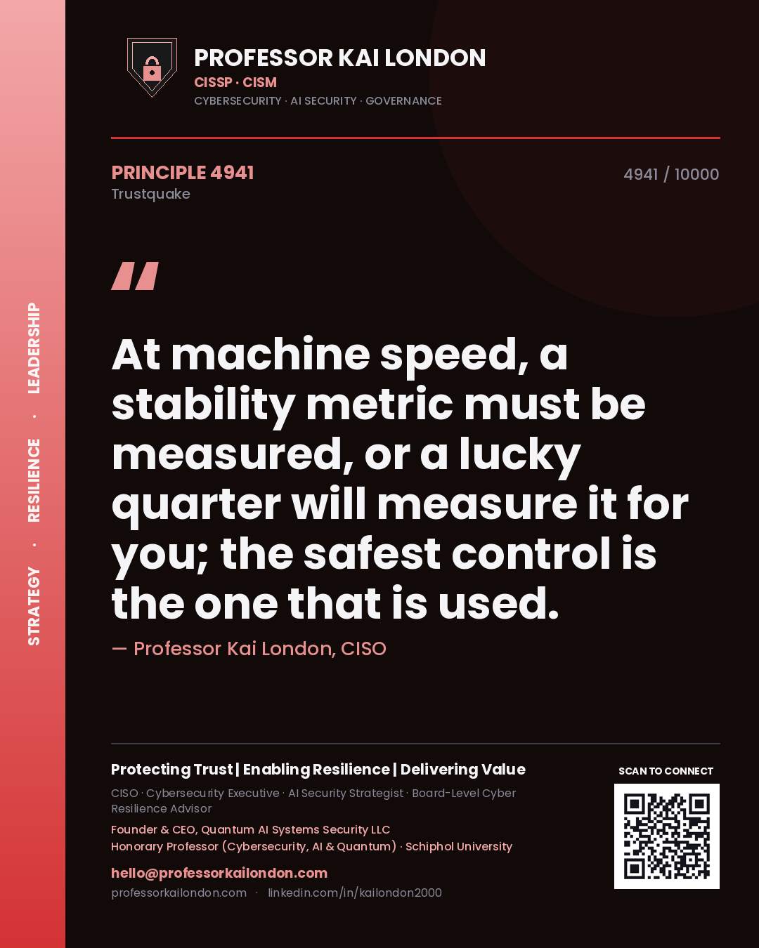 Professor Kai London principle 4941: At machine speed, a stability metric must be measured, or a lucky quarter will measure it for you; the safest control is the one that is used.