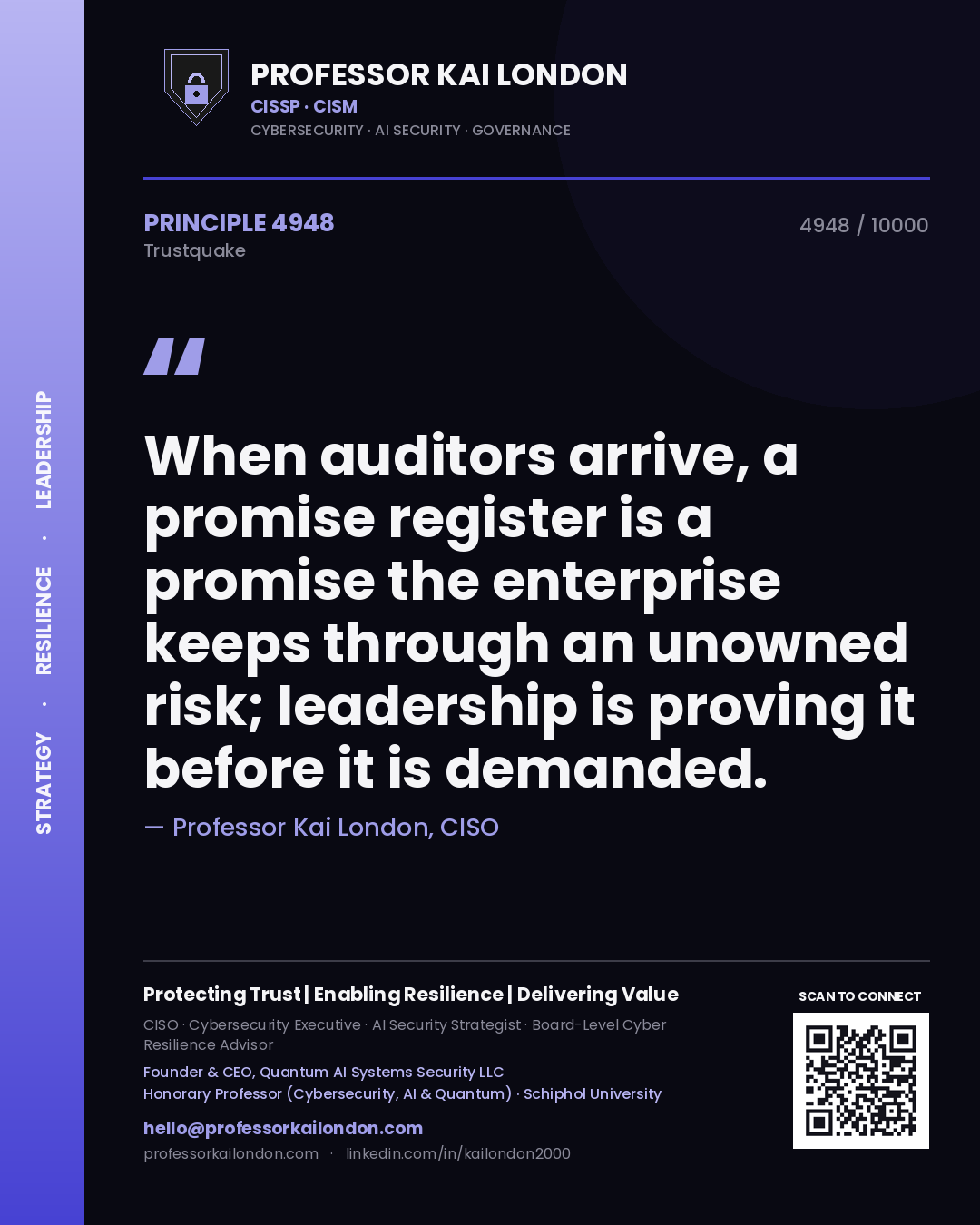 Quote card by Professor Kai London reading 'When auditors arrive, a promise register is a promise the enterprise keeps through an unowned risk; leadership is proving it before it is demanded.'. From the book Trustquake.