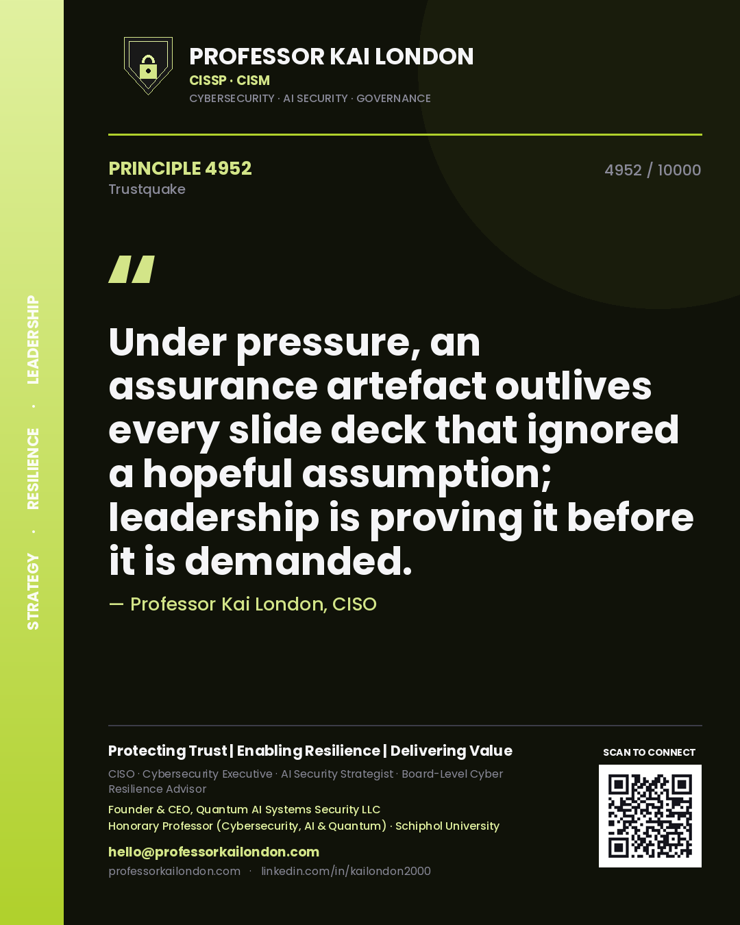 Quote card by Professor Kai London reading 'Under pressure, an assurance artefact outlives every slide deck that ignored a hopeful assumption; leadership is proving it before it is demanded.'. From the book Trustquake.