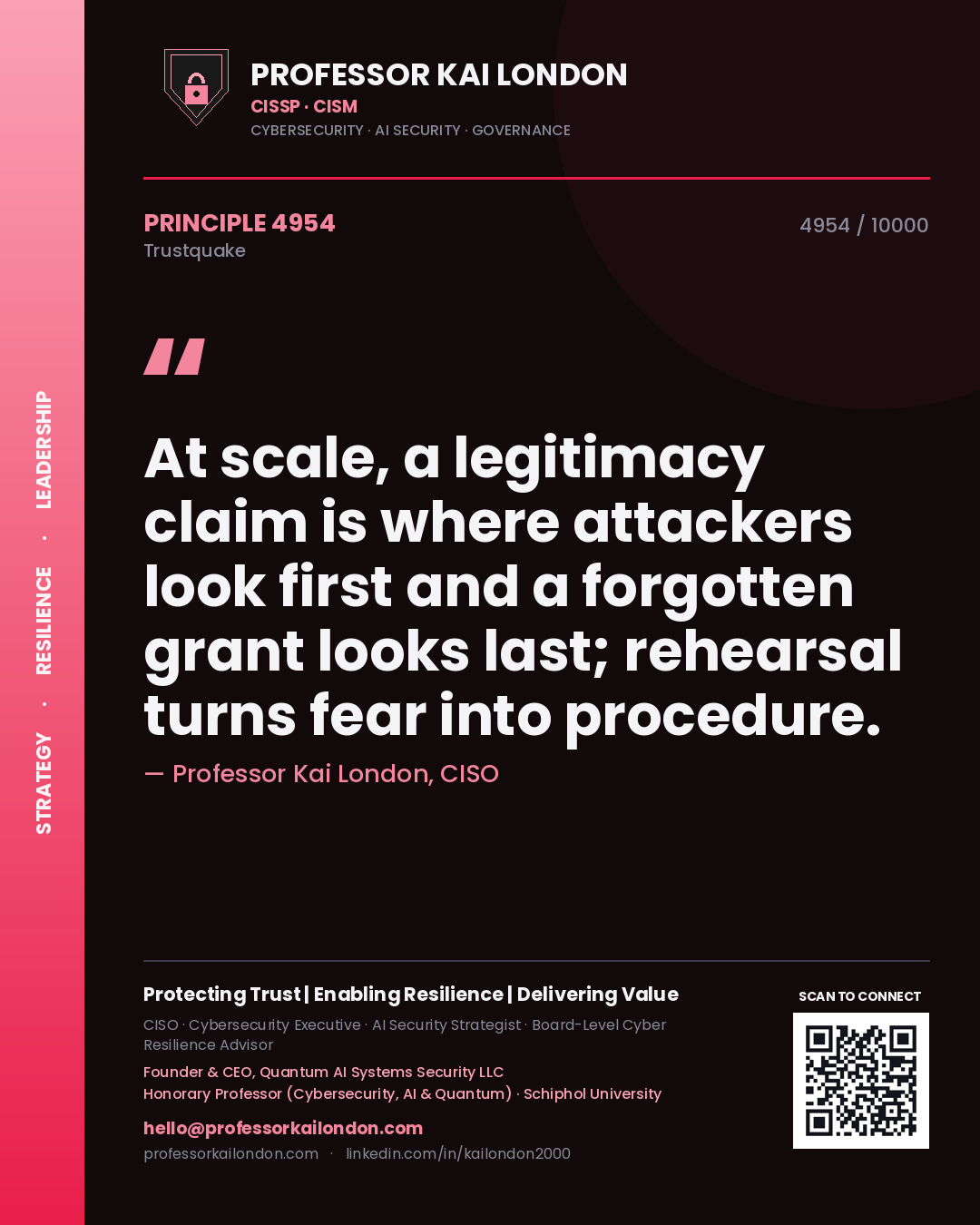 Quote card by Professor Kai London reading 'At scale, a legitimacy claim is where attackers look first and a forgotten grant looks last; rehearsal turns fear into procedure.'. From the book Trustquake.