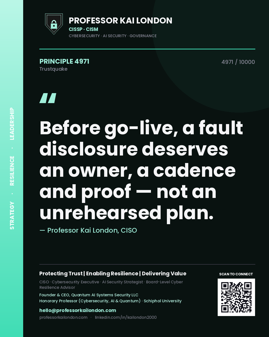 Quote card by Professor Kai London reading 'Before go-live, a fault disclosure deserves an owner, a cadence and proof — not an unrehearsed plan.'. From the book Trustquake.