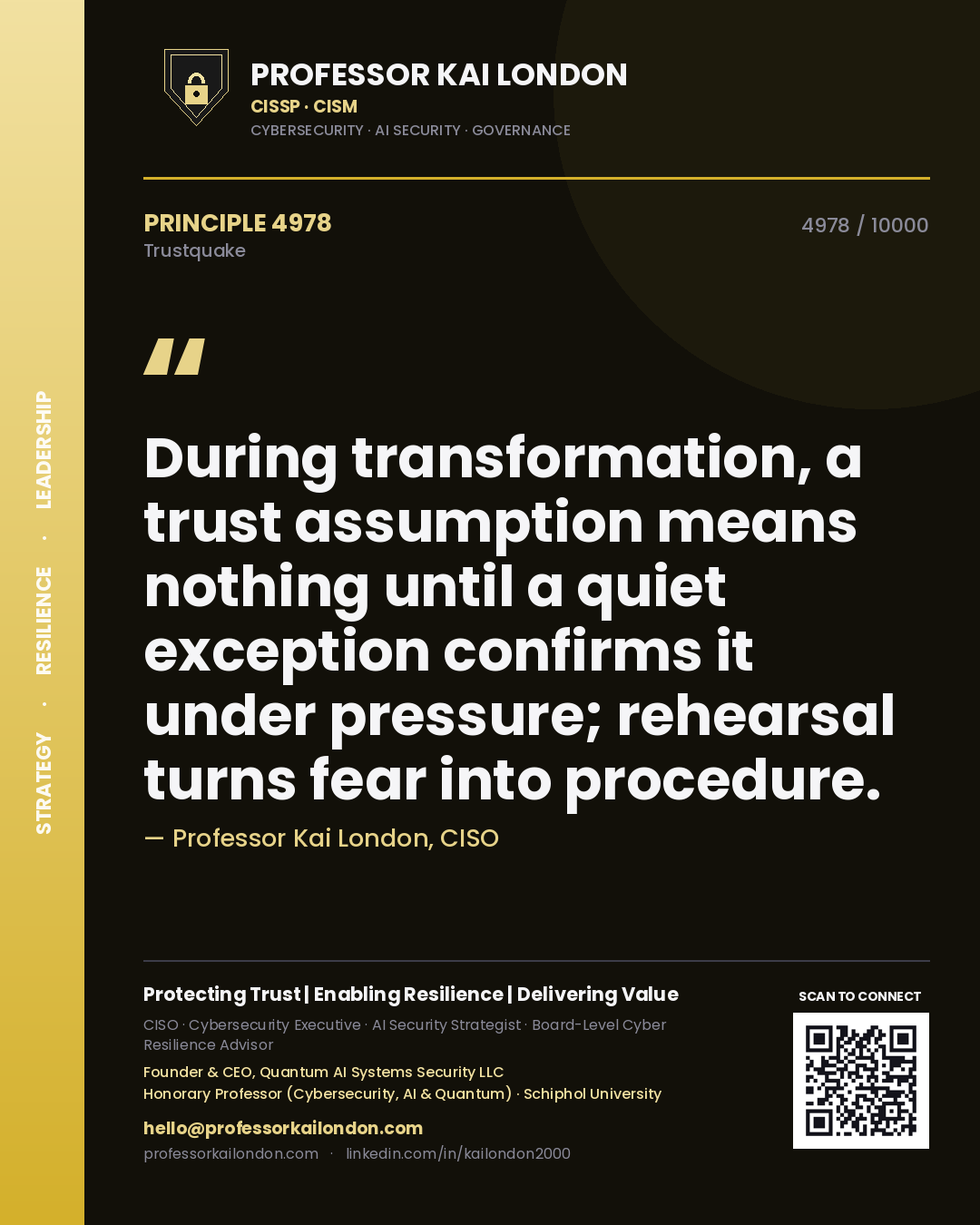 Quote card by Professor Kai London reading 'During transformation, a trust assumption means nothing until a quiet exception confirms it under pressure; rehearsal turns fear into procedure.'. From the book Trustquake.