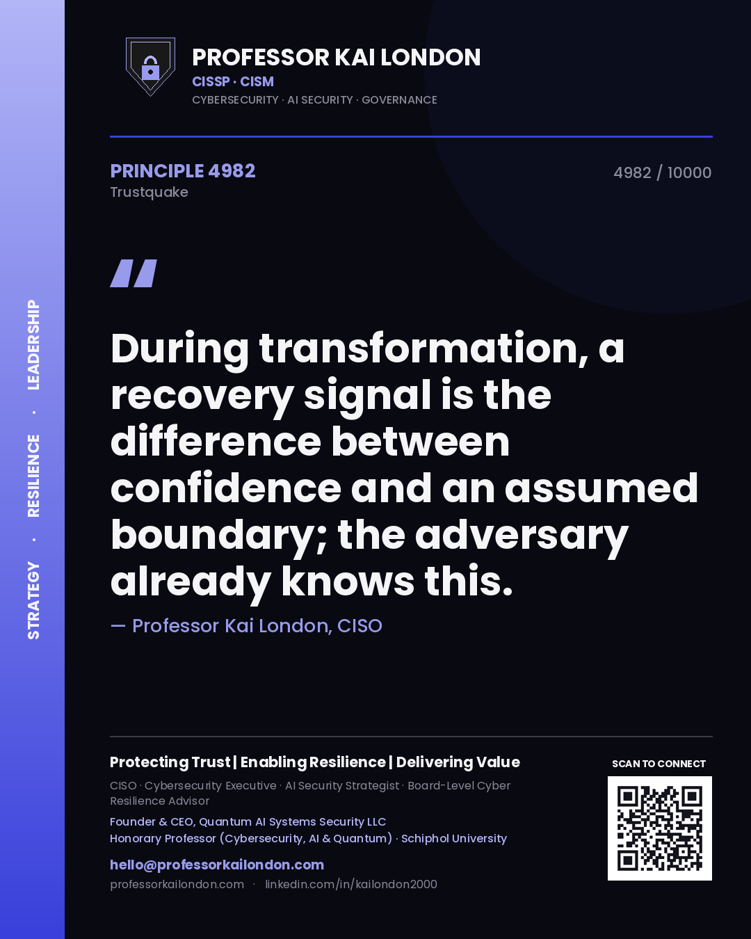 Quote card by Professor Kai London reading 'During transformation, a recovery signal is the difference between confidence and an assumed boundary; the adversary already knows this.'. From the book Trustquake.