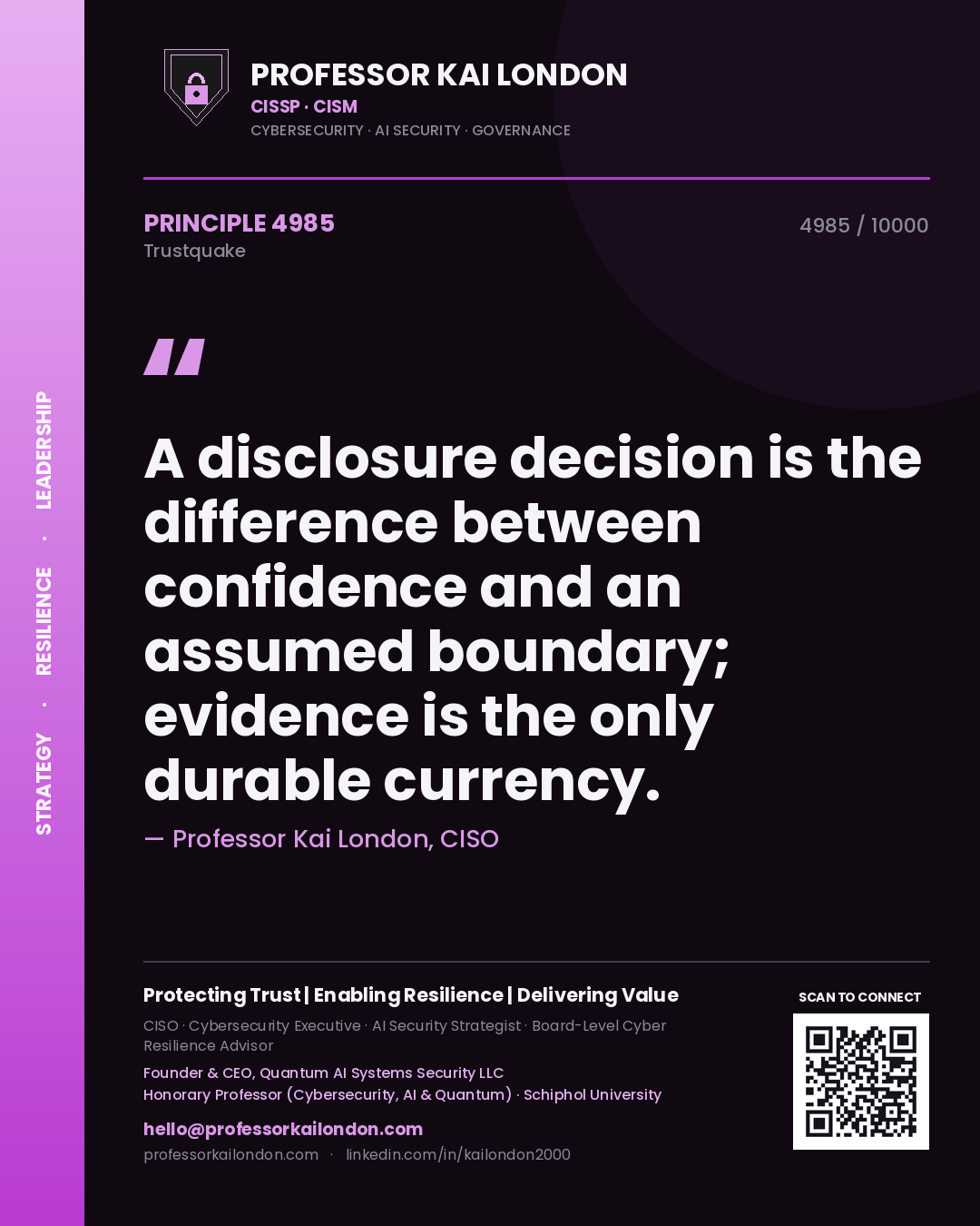 Quote card by Professor Kai London reading 'A disclosure decision is the difference between confidence and an assumed boundary; evidence is the only durable currency.'. From the book Trustquake.