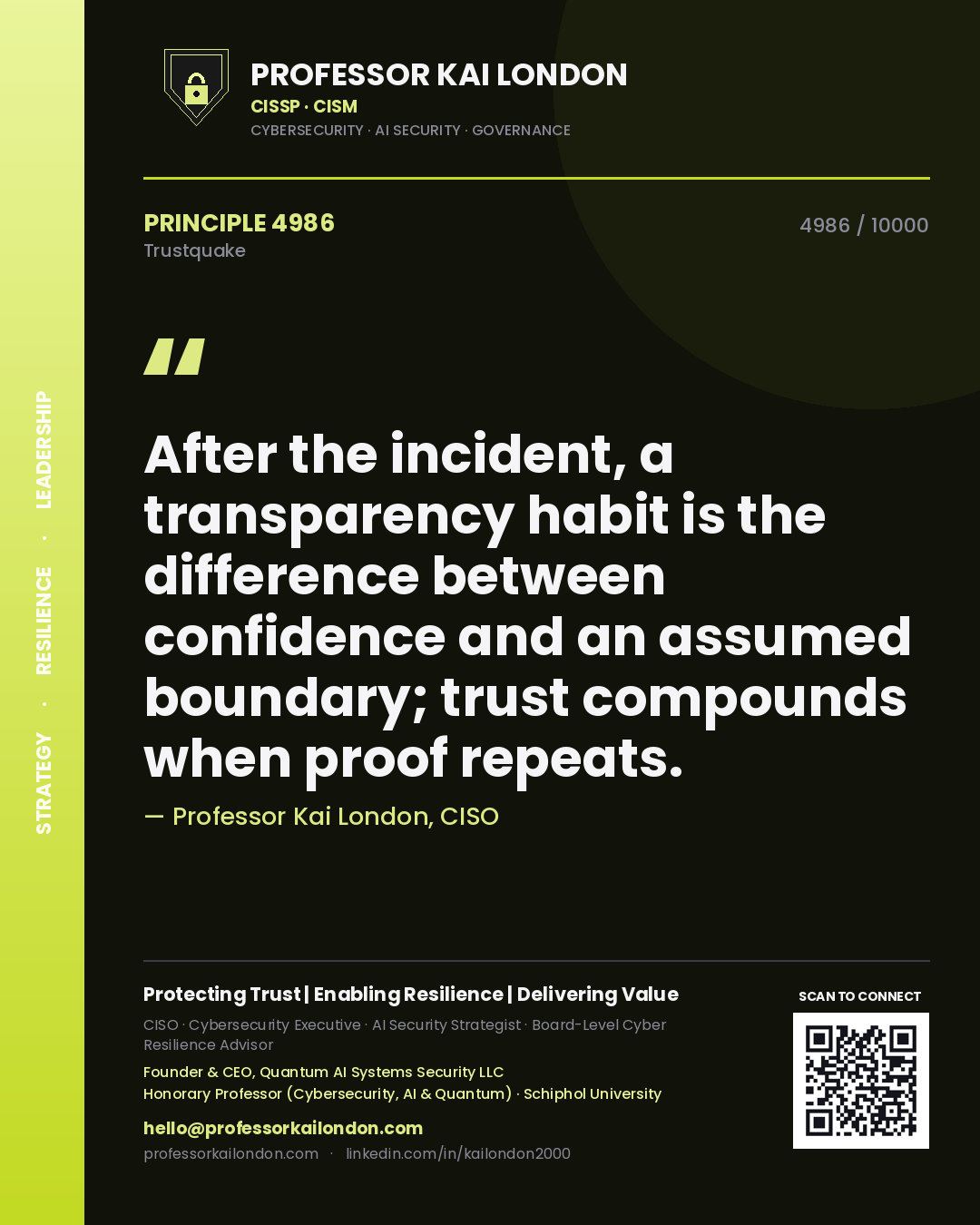 Quote card by Professor Kai London reading 'After the incident, a transparency habit is the difference between confidence and an assumed boundary; trust compounds when proof repeats.'. From the book Trustquake.