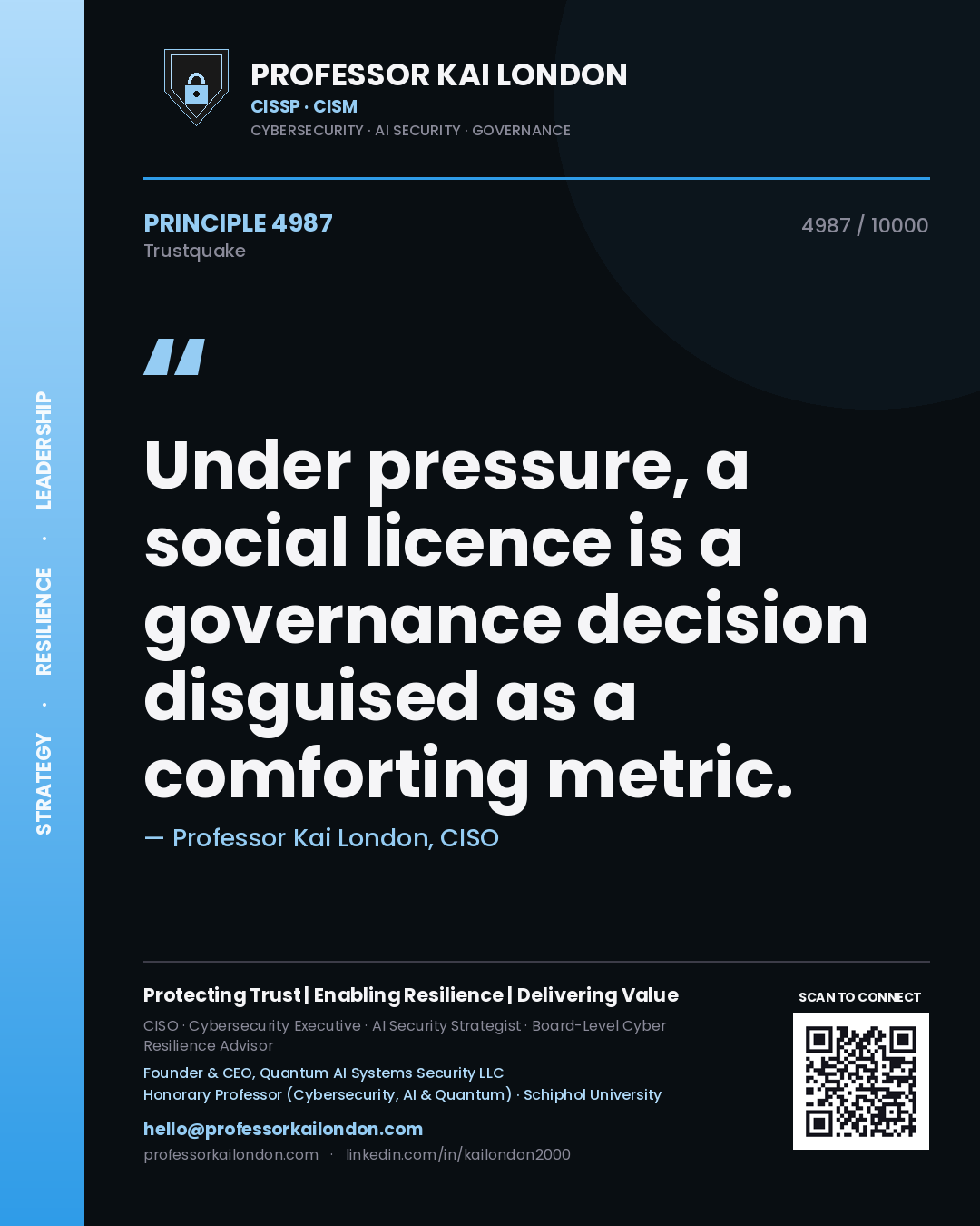 Quote card by Professor Kai London reading 'Under pressure, a social licence is a governance decision disguised as a comforting metric.'. From the book Trustquake.