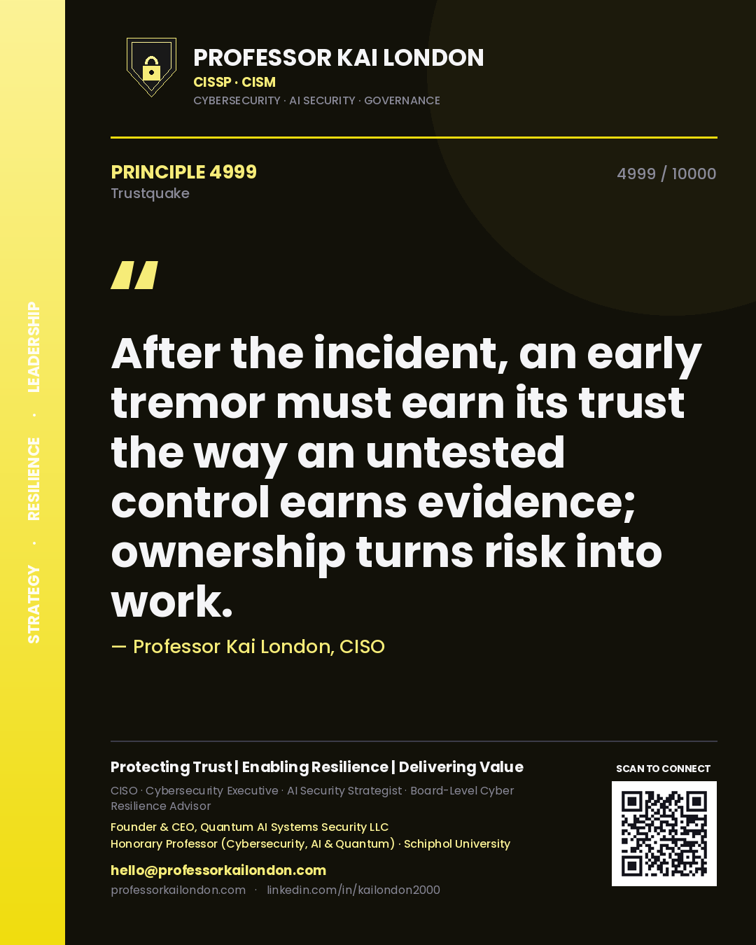 Quote card by Professor Kai London reading 'After the incident, an early tremor must earn its trust the way an untested control earns evidence; ownership turns risk into work.'. From the book Trustquake.