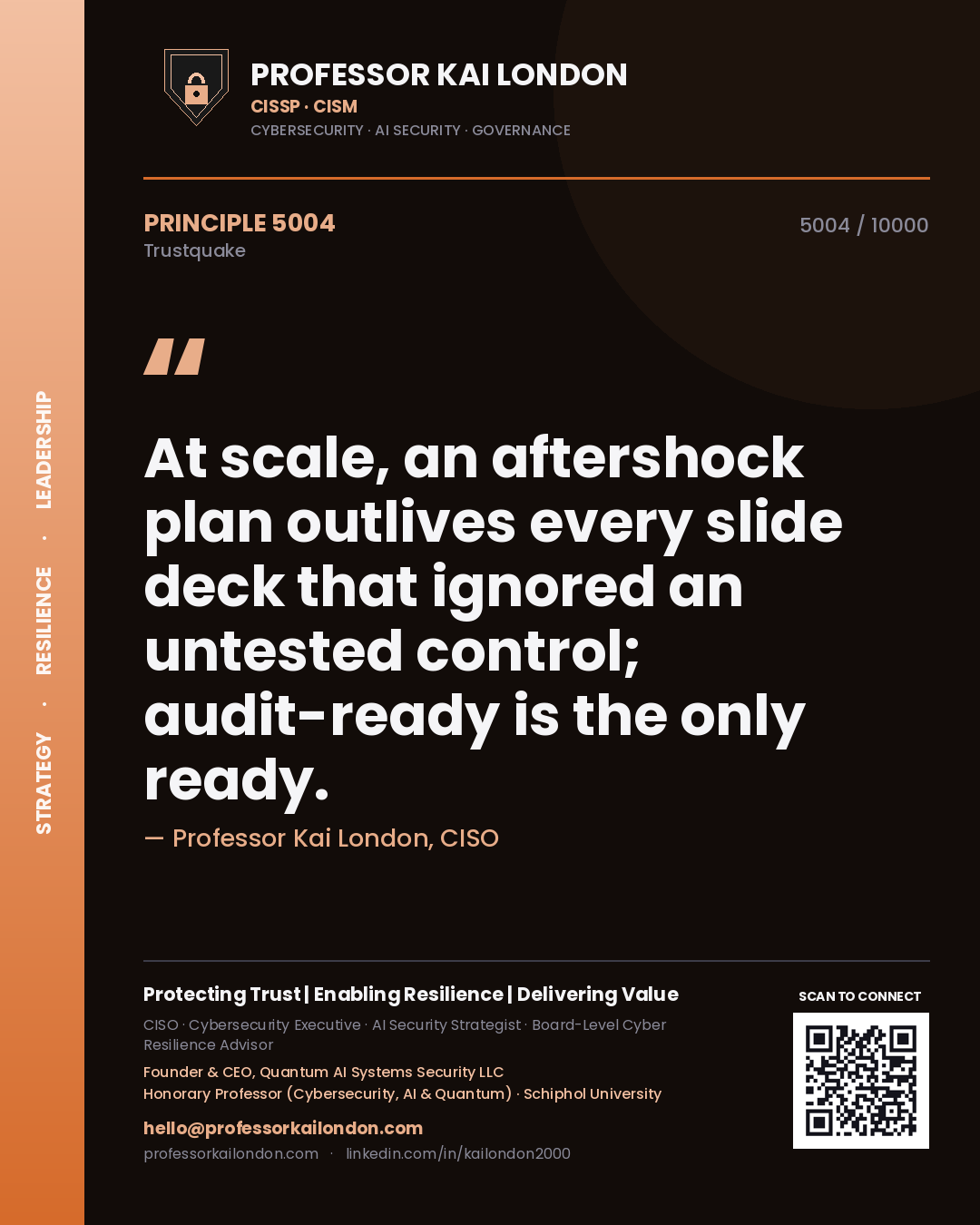 Quote card by Professor Kai London reading 'At scale, an aftershock plan outlives every slide deck that ignored an untested control; audit-ready is the only ready.'. From the book Trustquake.