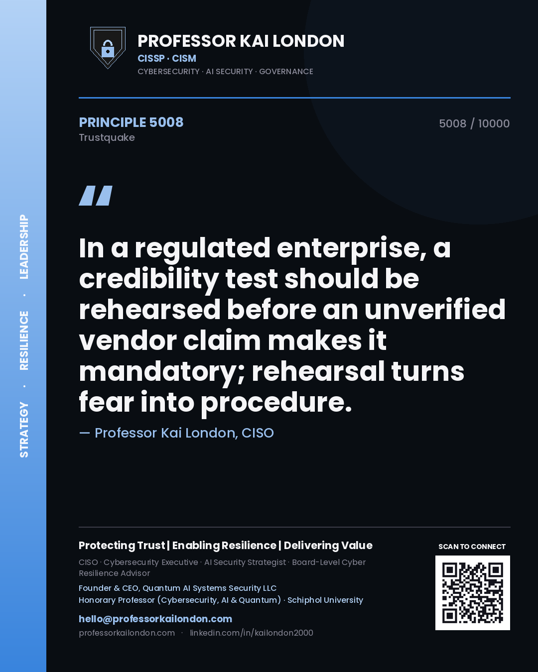 Professor Kai London principle 5008: In a regulated enterprise, a credibility test should be rehearsed before an unverified vendor claim makes it mandatory; rehearsal turns fear into procedure.