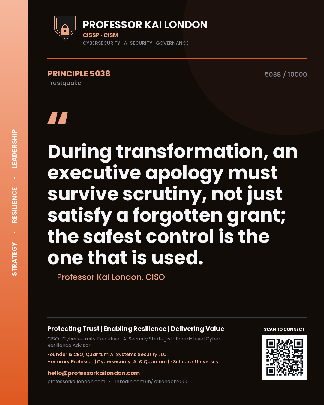 Quote card by Professor Kai London reading 'During transformation, an executive apology must survive scrutiny, not just satisfy a forgotten grant; the safest control is the one that is used.'. From the book Trustquake.