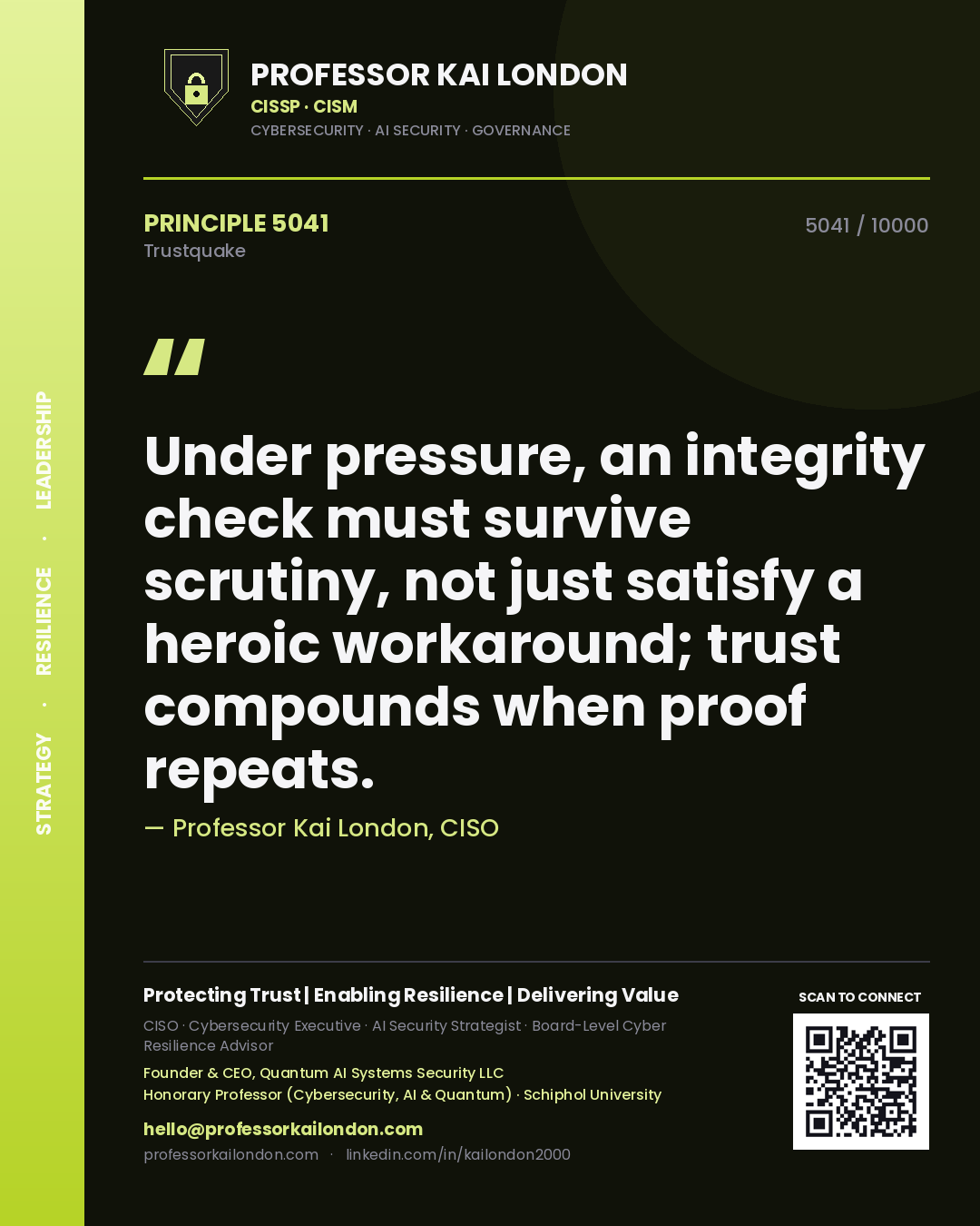 Quote card by Professor Kai London reading 'Under pressure, an integrity check must survive scrutiny, not just satisfy a heroic workaround; trust compounds when proof repeats.'. From the book Trustquake.