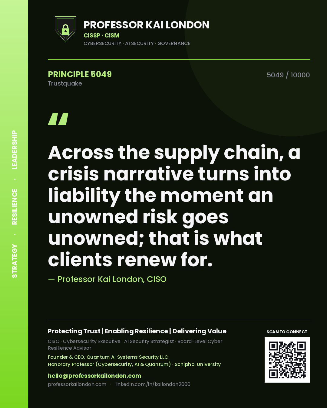 Quote card by Professor Kai London reading 'Across the supply chain, a crisis narrative turns into liability the moment an unowned risk goes unowned; that is what clients renew for.'. From the book Trustquake.