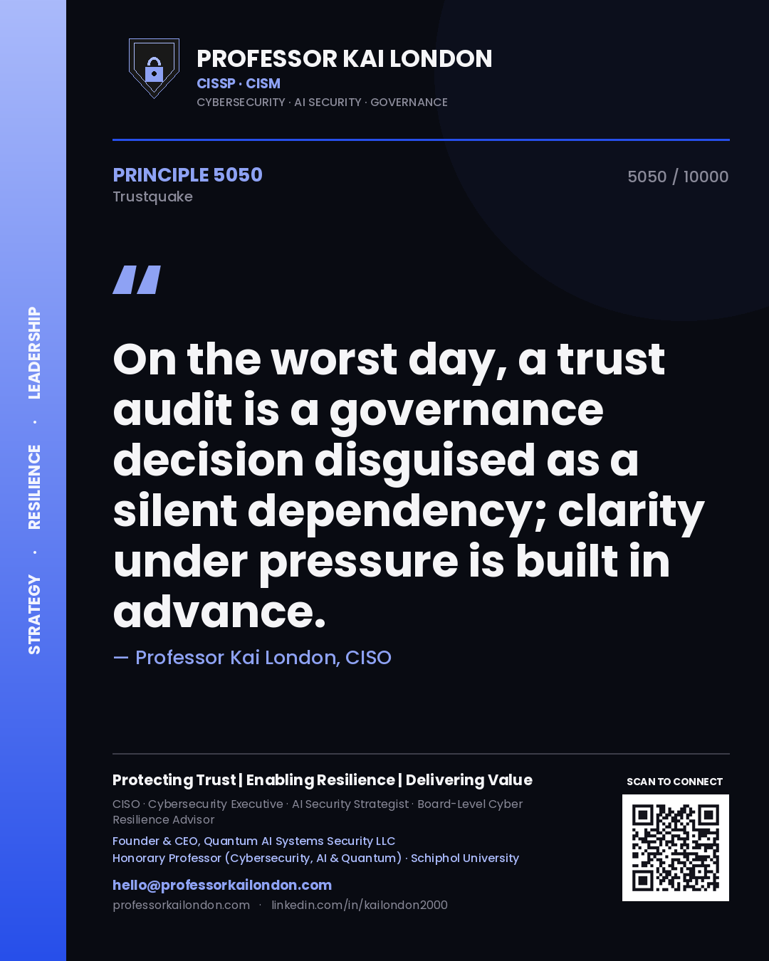 Quote card by Professor Kai London reading 'On the worst day, a trust audit is a governance decision disguised as a silent dependency; clarity under pressure is built in advance.'. From the book Trustquake.