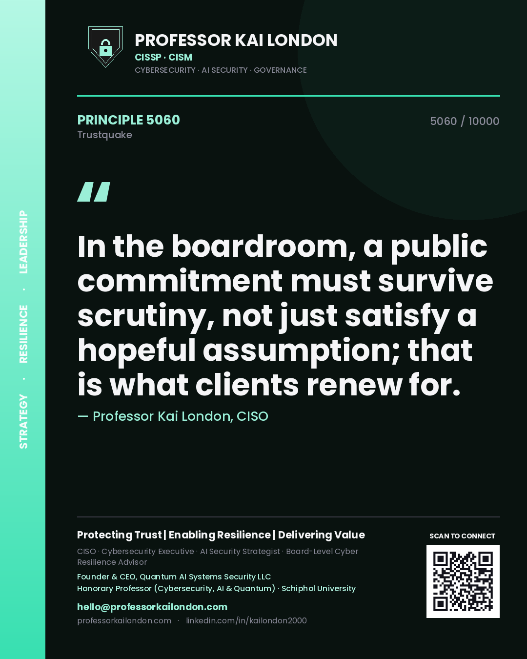 Professor Kai London principle 5060: In the boardroom, a public commitment must survive scrutiny, not just satisfy a hopeful assumption; that is what clients renew for.