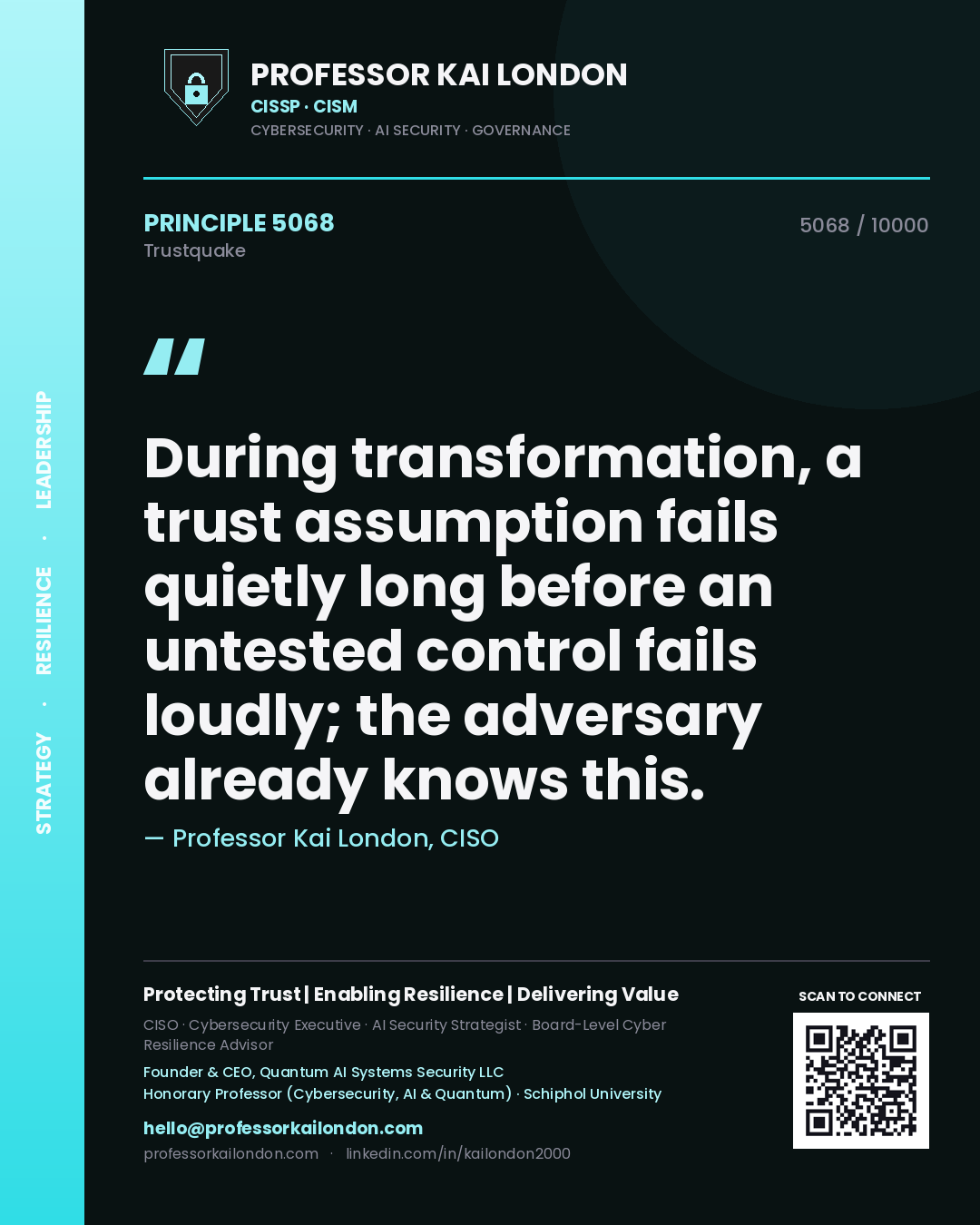 Quote card by Professor Kai London reading 'During transformation, a trust assumption fails quietly long before an untested control fails loudly; the adversary already knows this.'. From the book Trustquake.