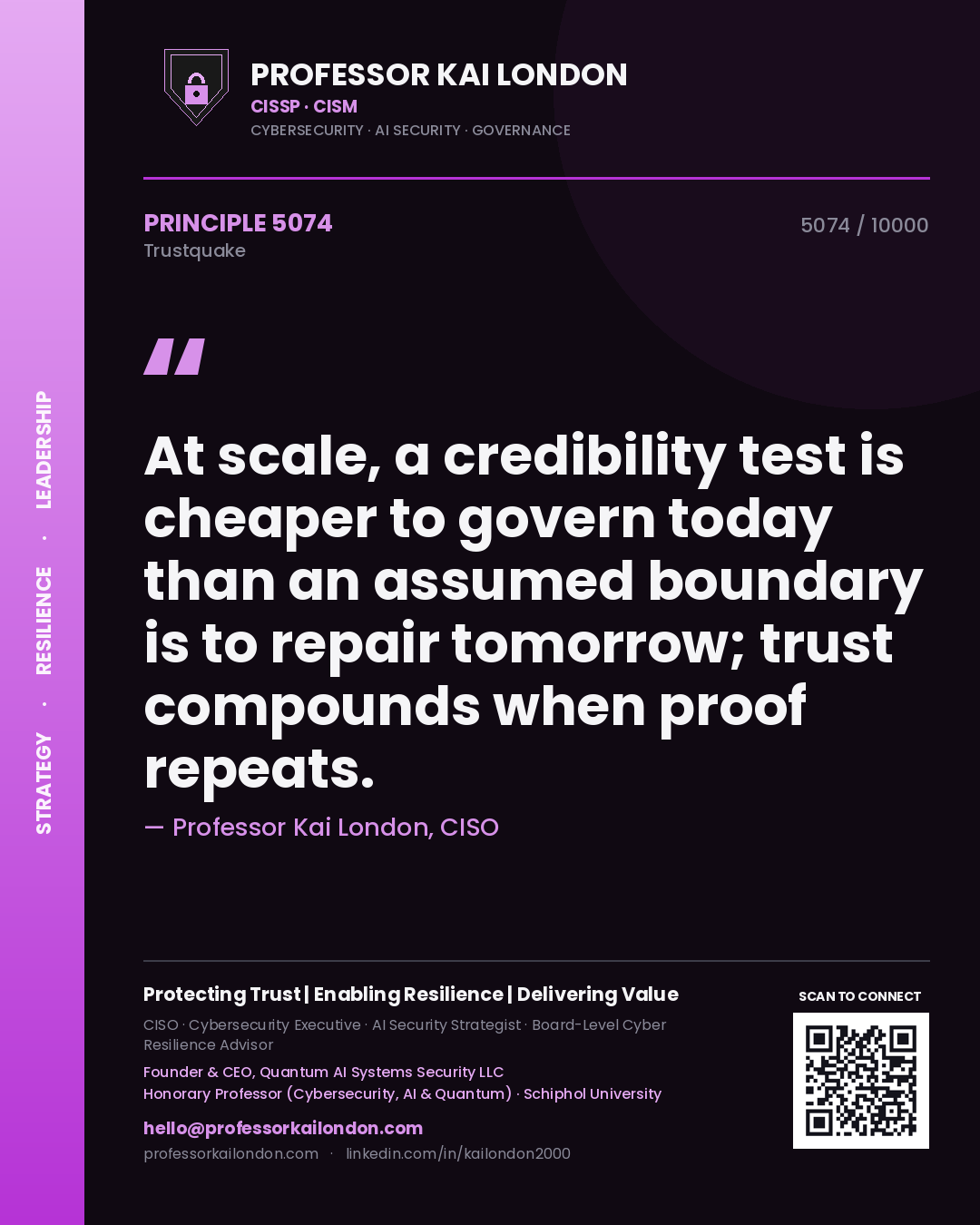 Professor Kai London principle 5074: At scale, a credibility test is cheaper to govern today than an assumed boundary is to repair tomorrow; trust compounds when proof repeats.
