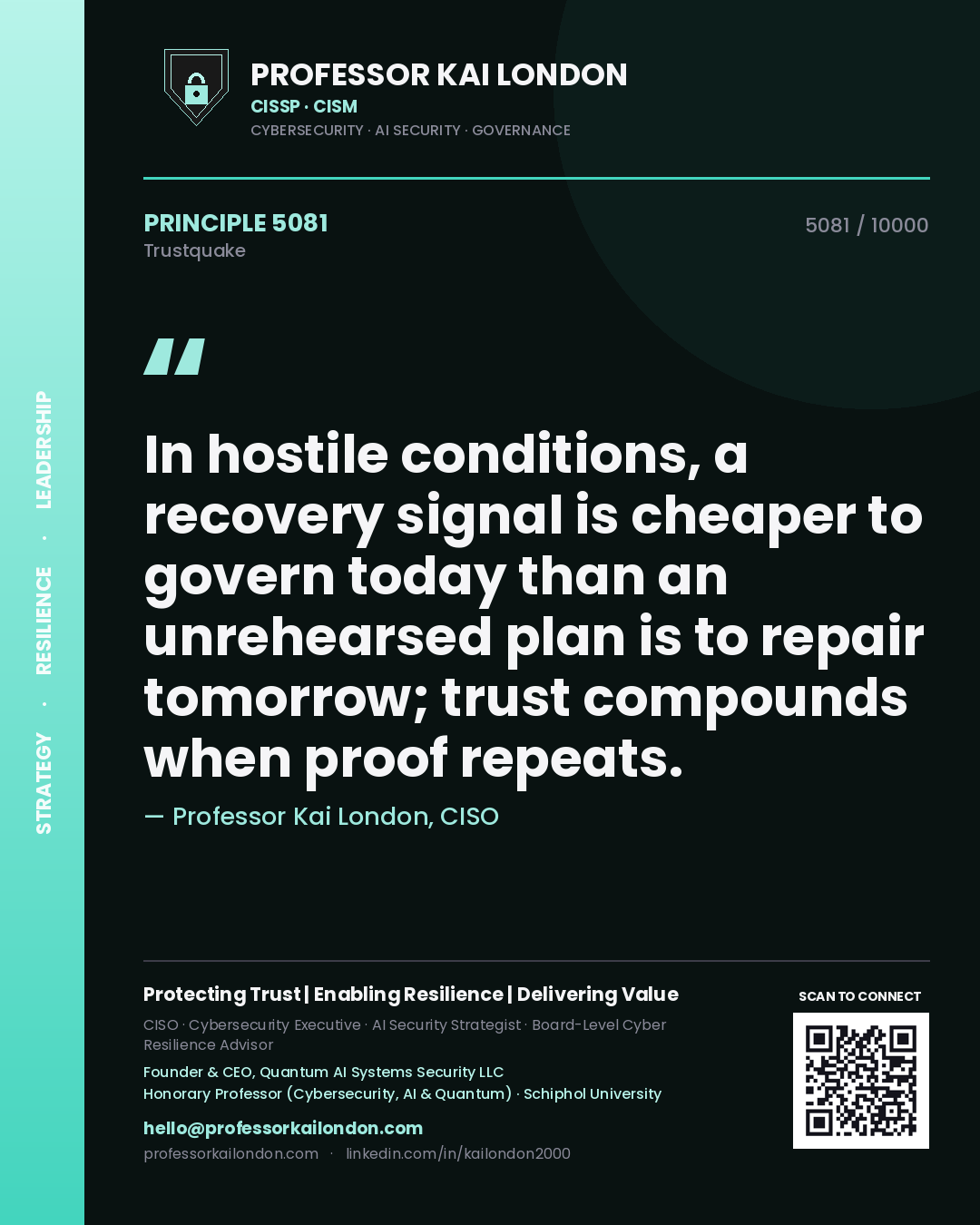 Quote card by Professor Kai London reading 'In hostile conditions, a recovery signal is cheaper to govern today than an unrehearsed plan is to repair tomorrow; trust compounds when proof repeats.'. From the book Trustquake.