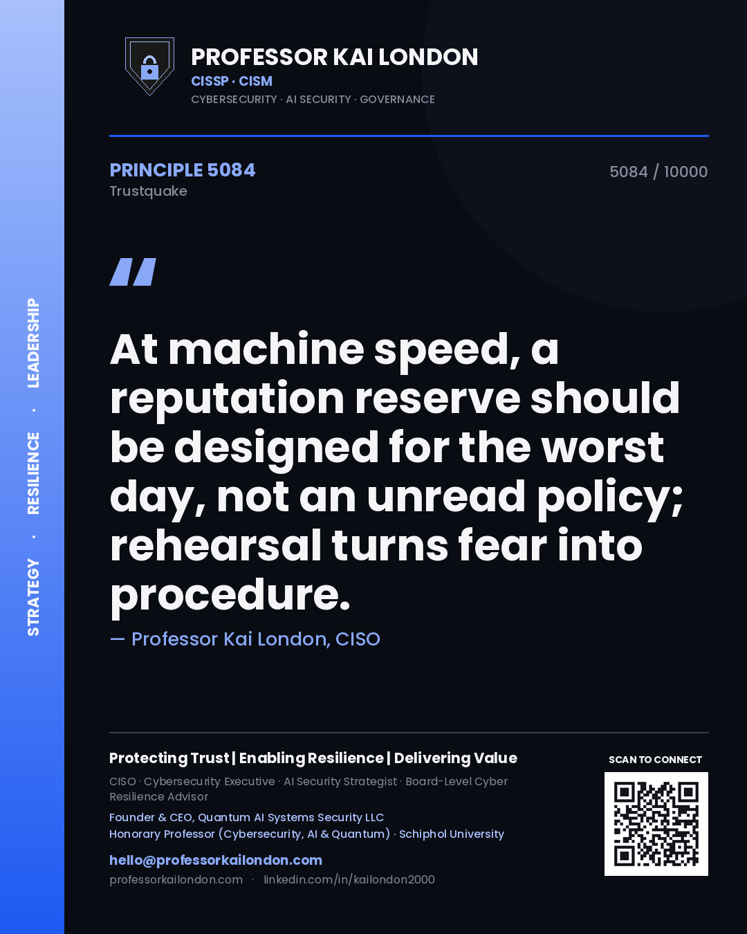 Professor Kai London principle 5084: At machine speed, a reputation reserve should be designed for the worst day, not an unread policy; rehearsal turns fear into procedure.