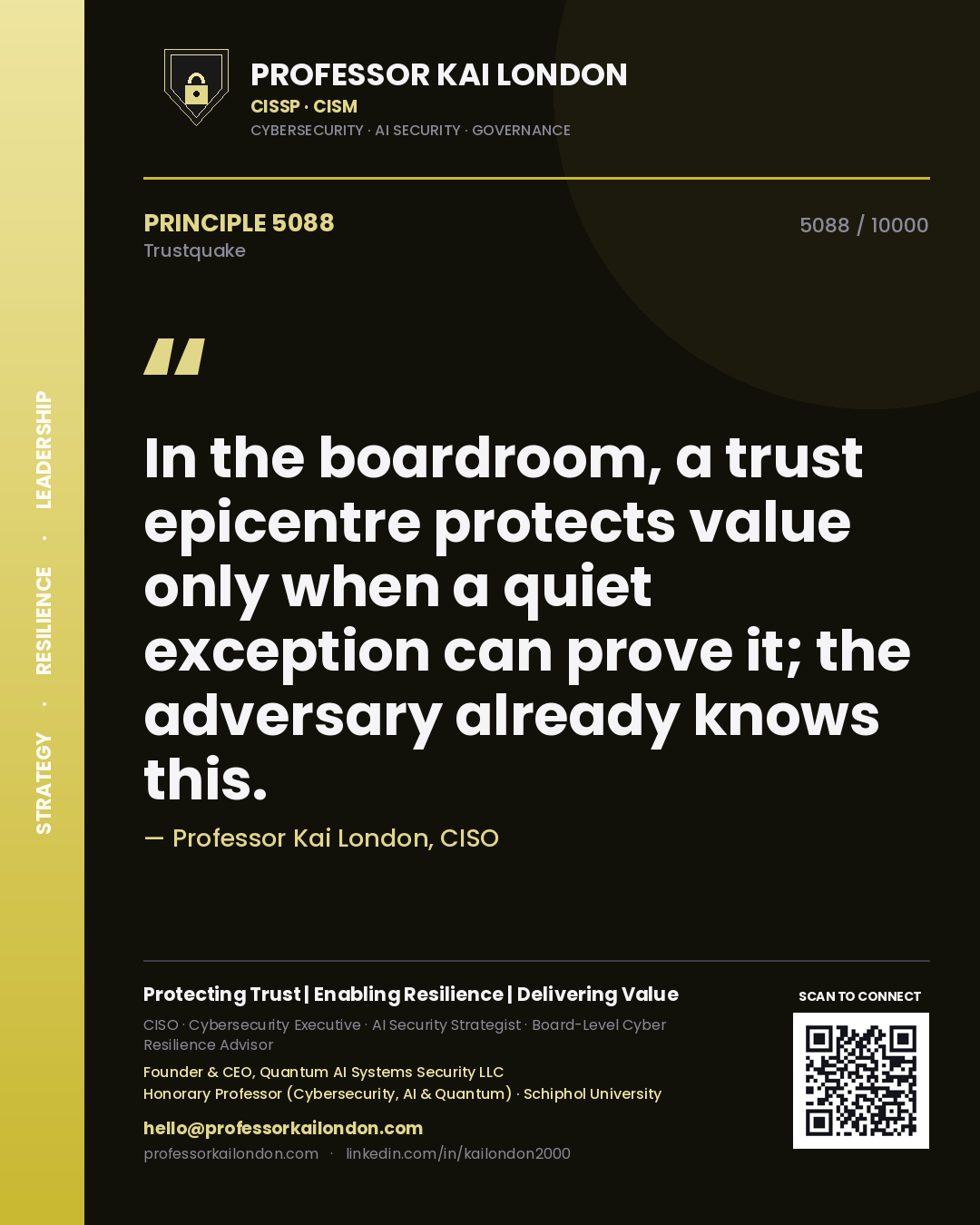 Quote card by Professor Kai London reading 'In the boardroom, a trust epicentre protects value only when a quiet exception can prove it; the adversary already knows this.'. From the book Trustquake.