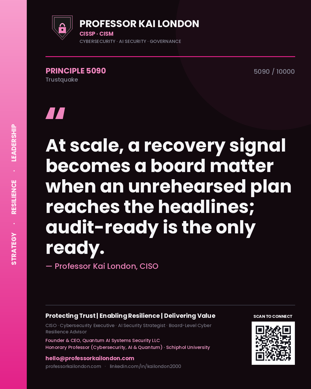 Quote card by Professor Kai London reading 'At scale, a recovery signal becomes a board matter when an unrehearsed plan reaches the headlines; audit-ready is the only ready.'. From the book Trustquake.