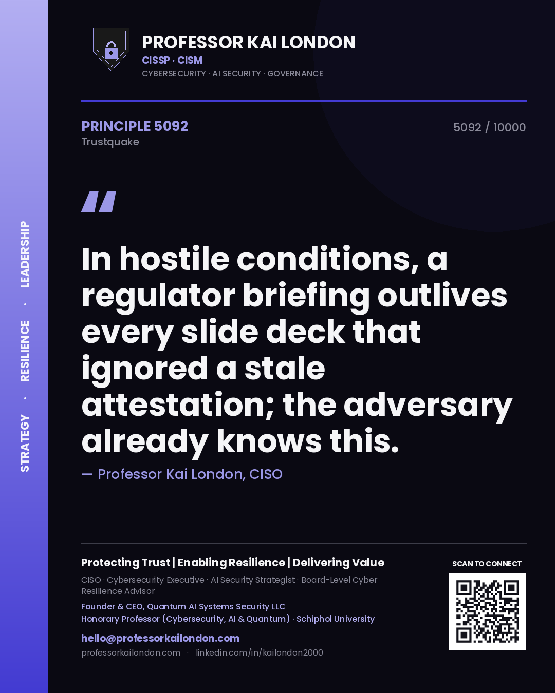 Professor Kai London principle 5092: In hostile conditions, a regulator briefing outlives every slide deck that ignored a stale attestation; the adversary already knows this.