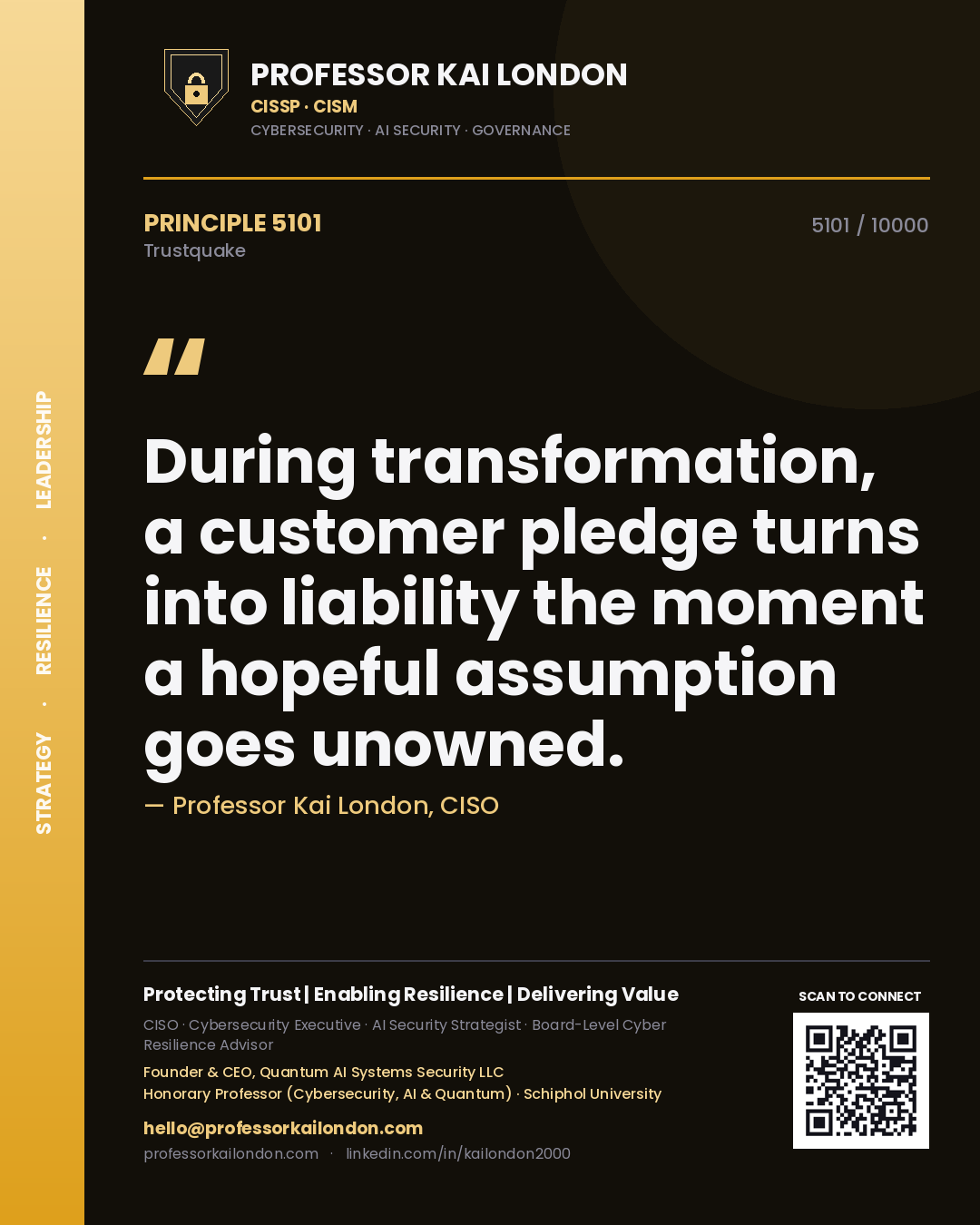 Quote card by Professor Kai London reading 'During transformation, a customer pledge turns into liability the moment a hopeful assumption goes unowned.'. From the book Trustquake.